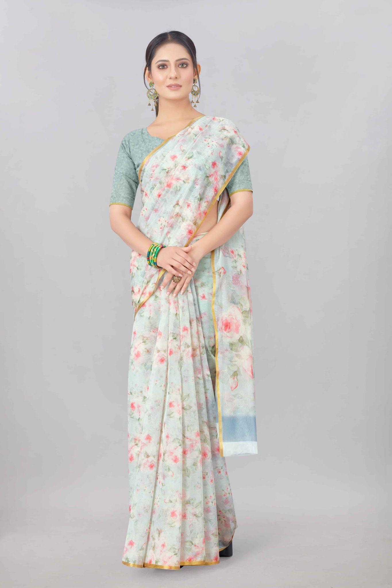 White Organza Digital Printed Saree with Zari Border