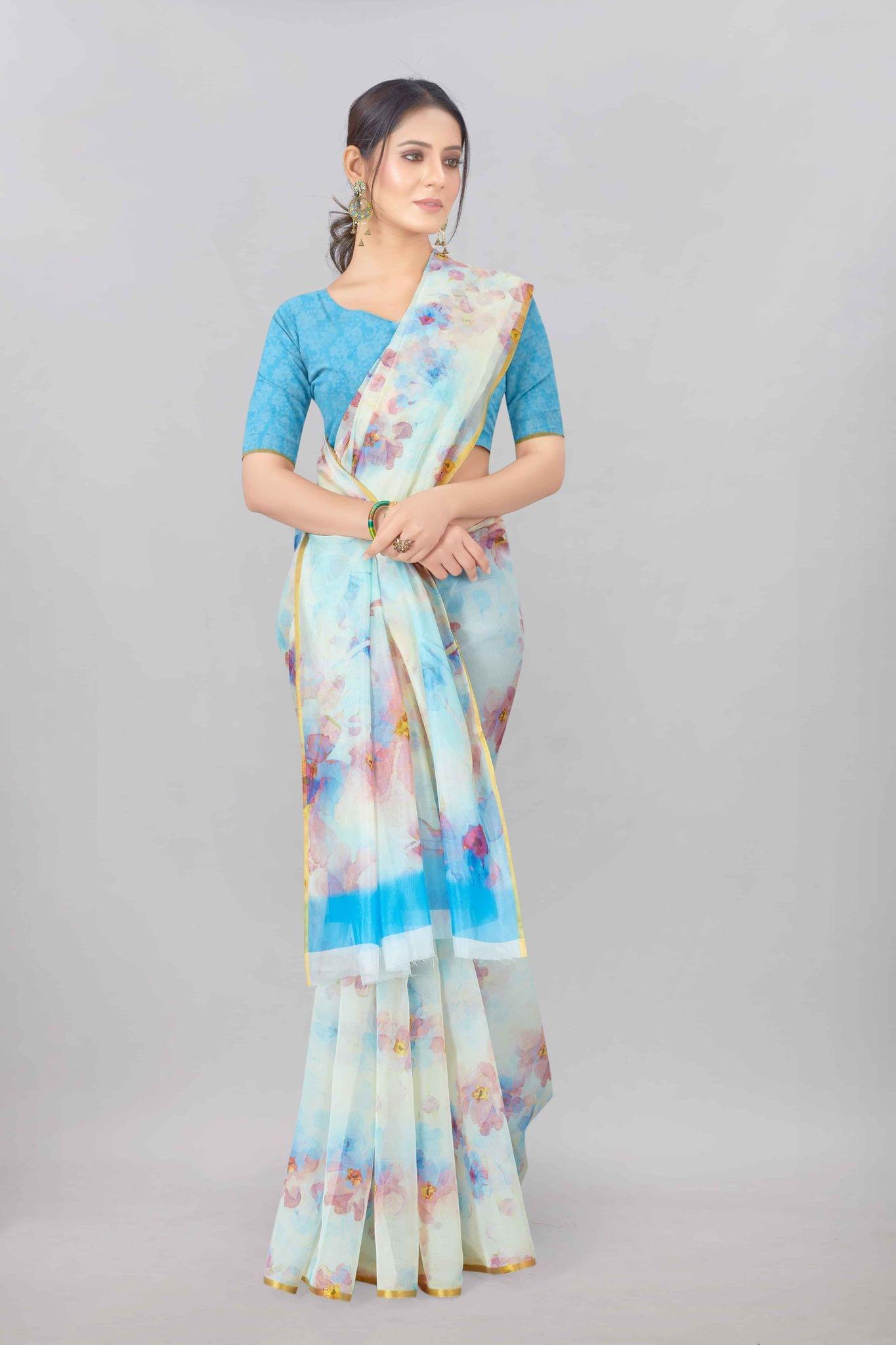 Blue Organza Digital Printed Saree with Zari Border