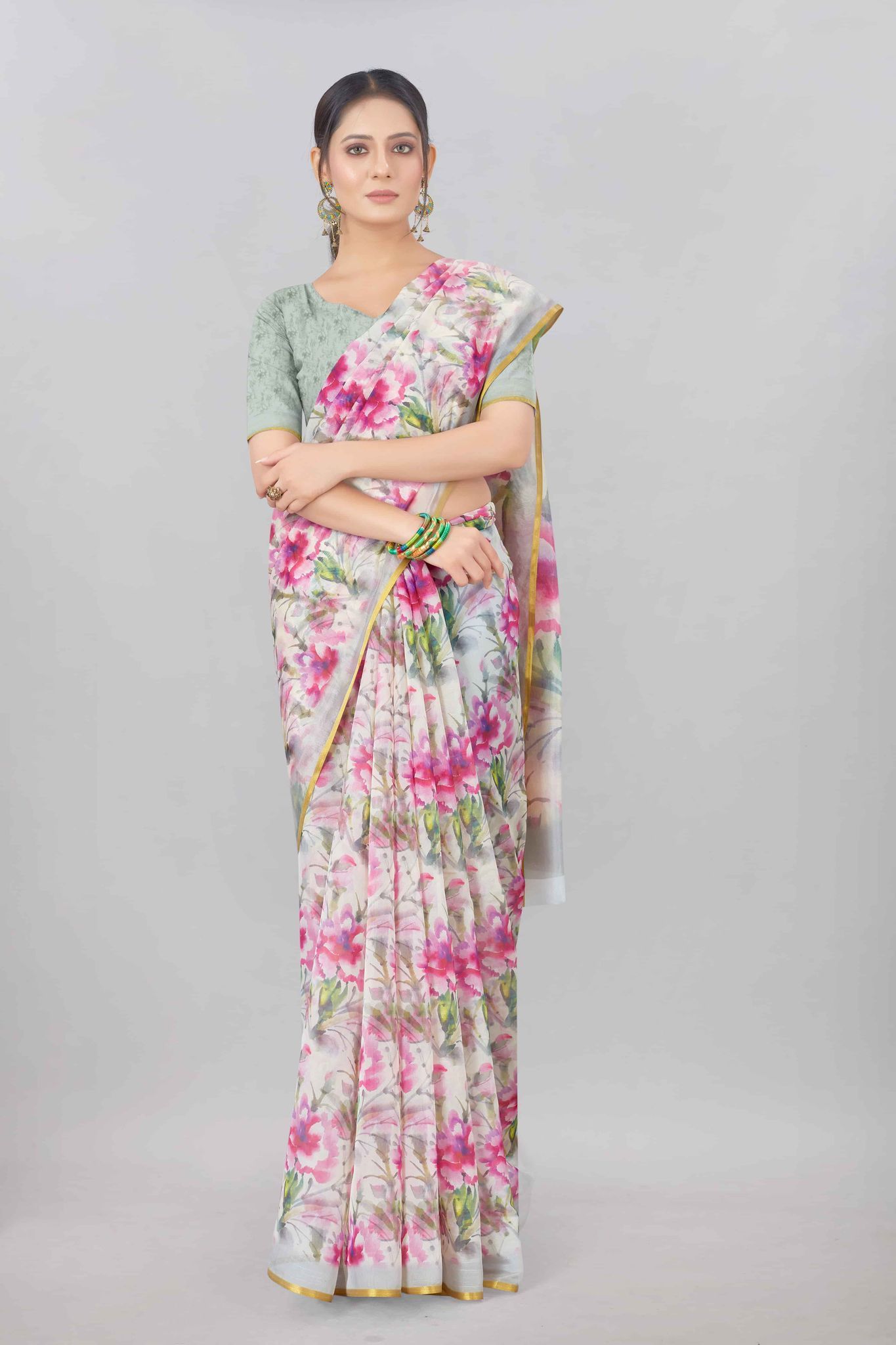 Dark Pink Organza Digital Printed Saree with Zari Border