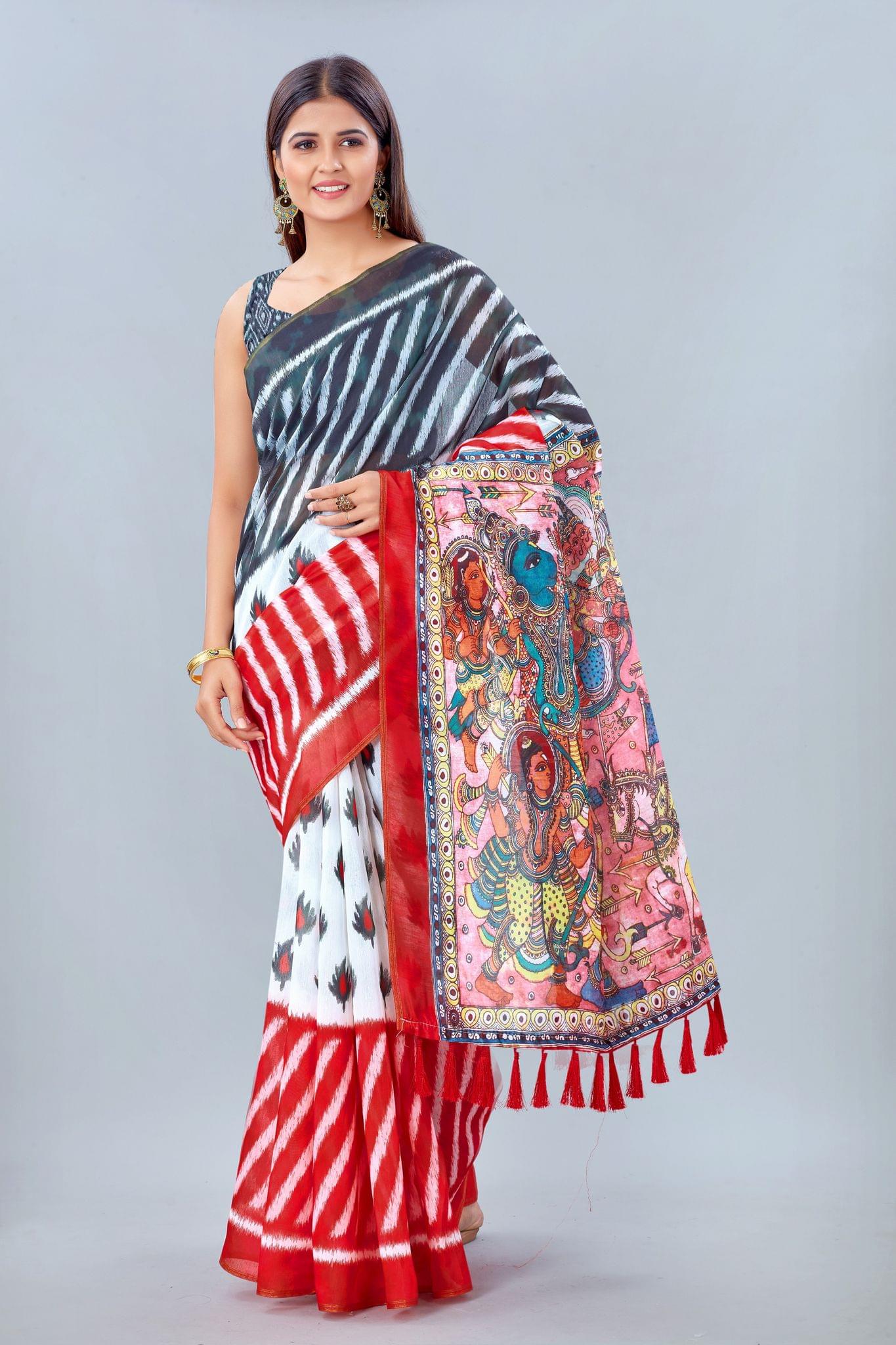 Women's Pure Cotton Ikkat Digital Print Multicolor Saree