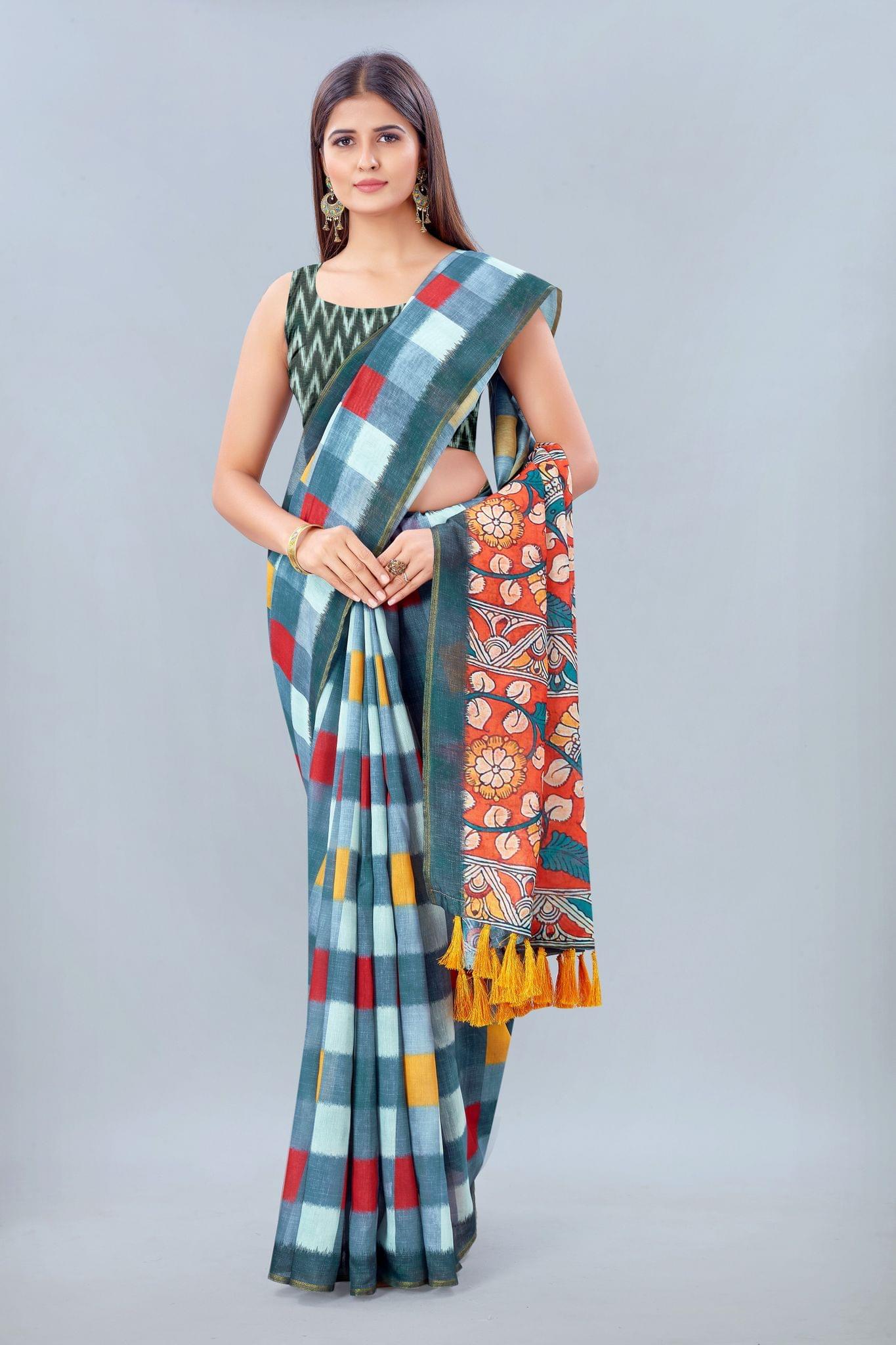 Women's Pure Cotton Checks Digital Print Multicolor Saree