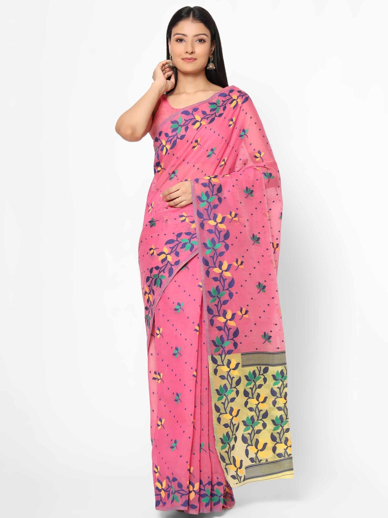 Women's Pure Cotton Woven Jamdani Pink Saree