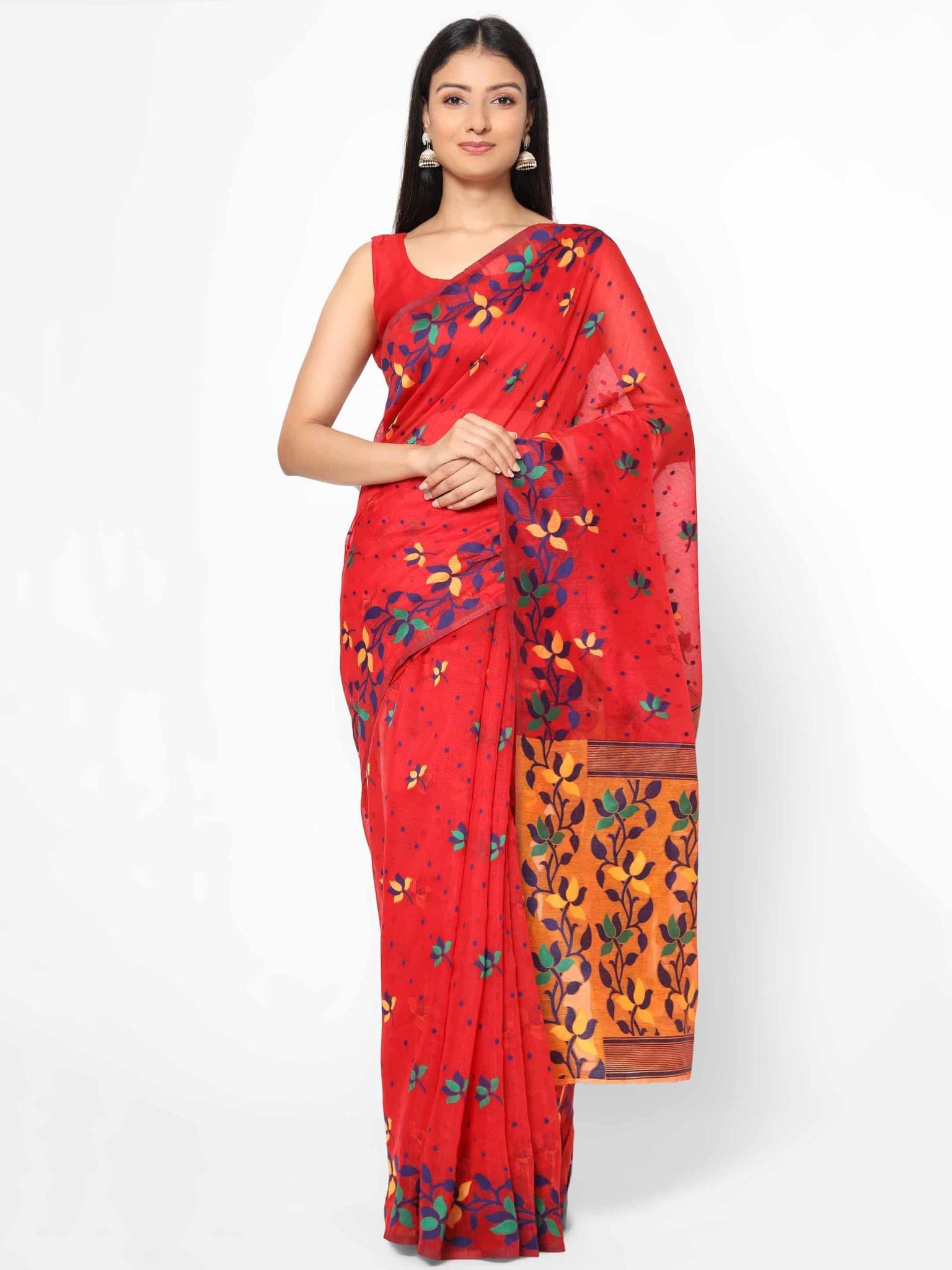 Women's Pure Cotton Woven Jamdani Red Saree