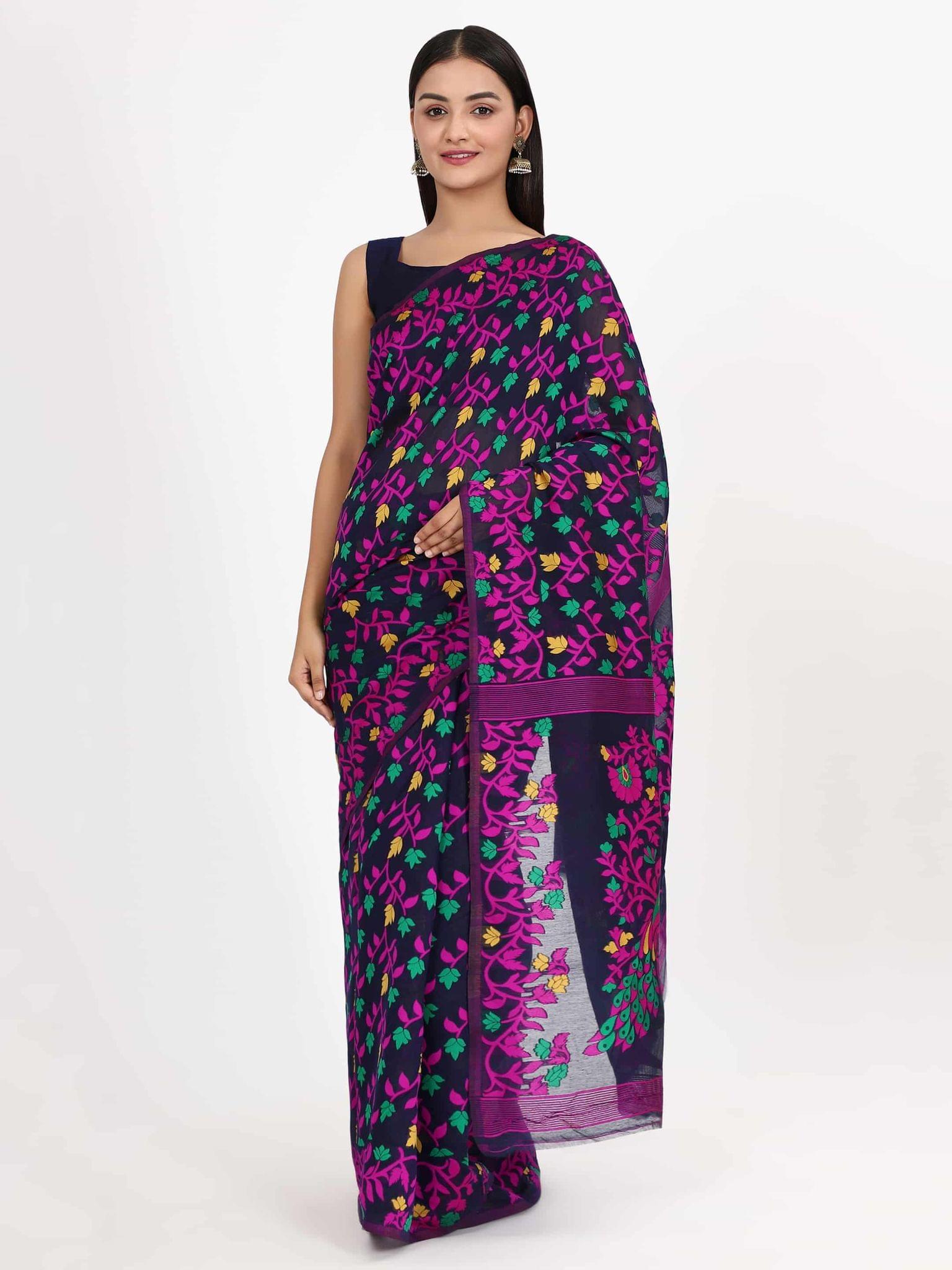 Women's Pure Cotton Woven Jamdani Purple Saree