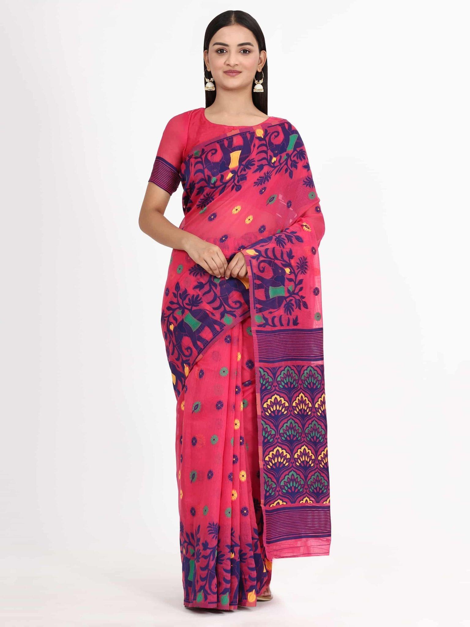 Women's Pure Cotton Woven Jamdani Pink Saree