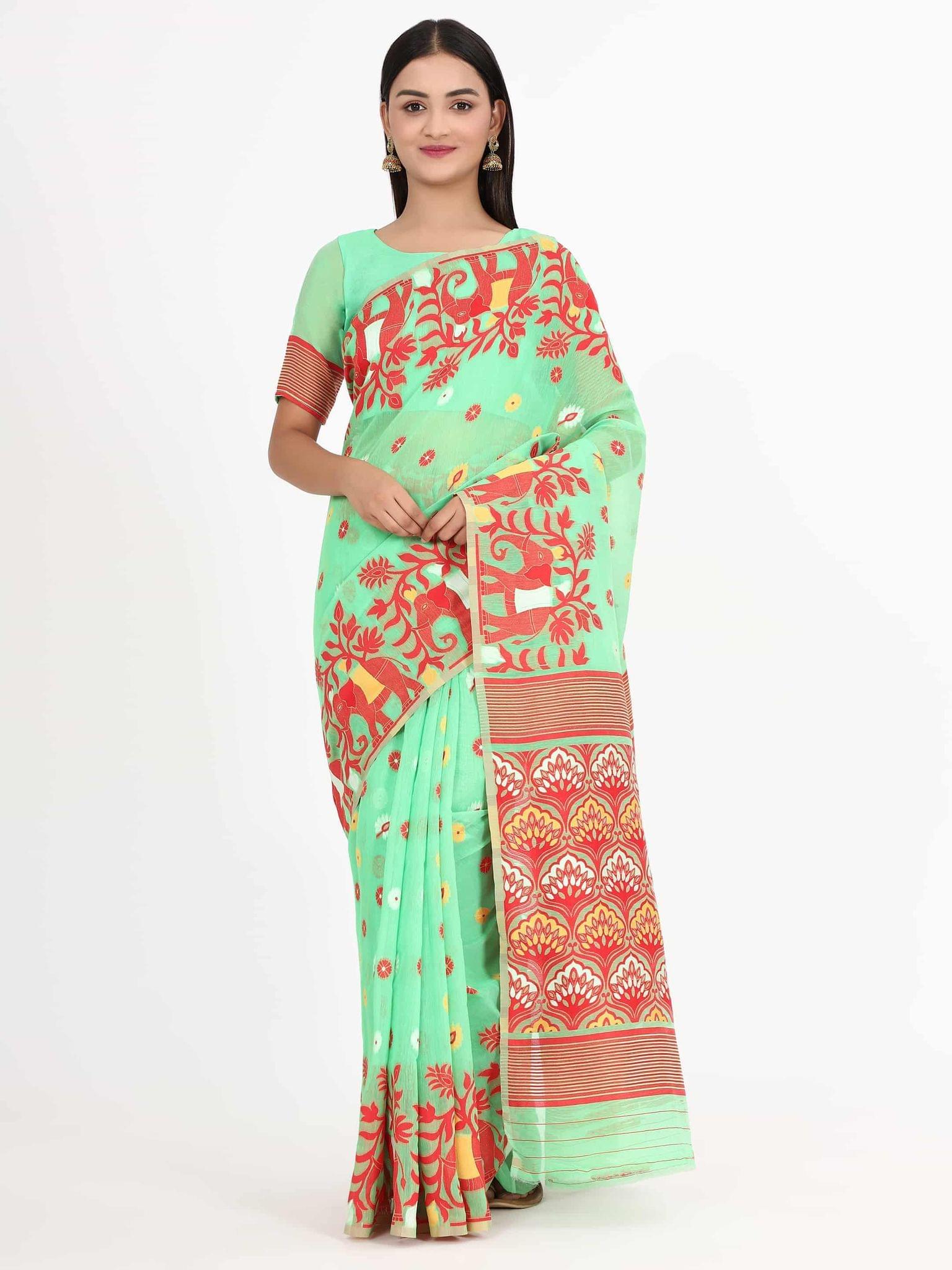 Women's Pure Cotton Woven Jamdani Rama Saree