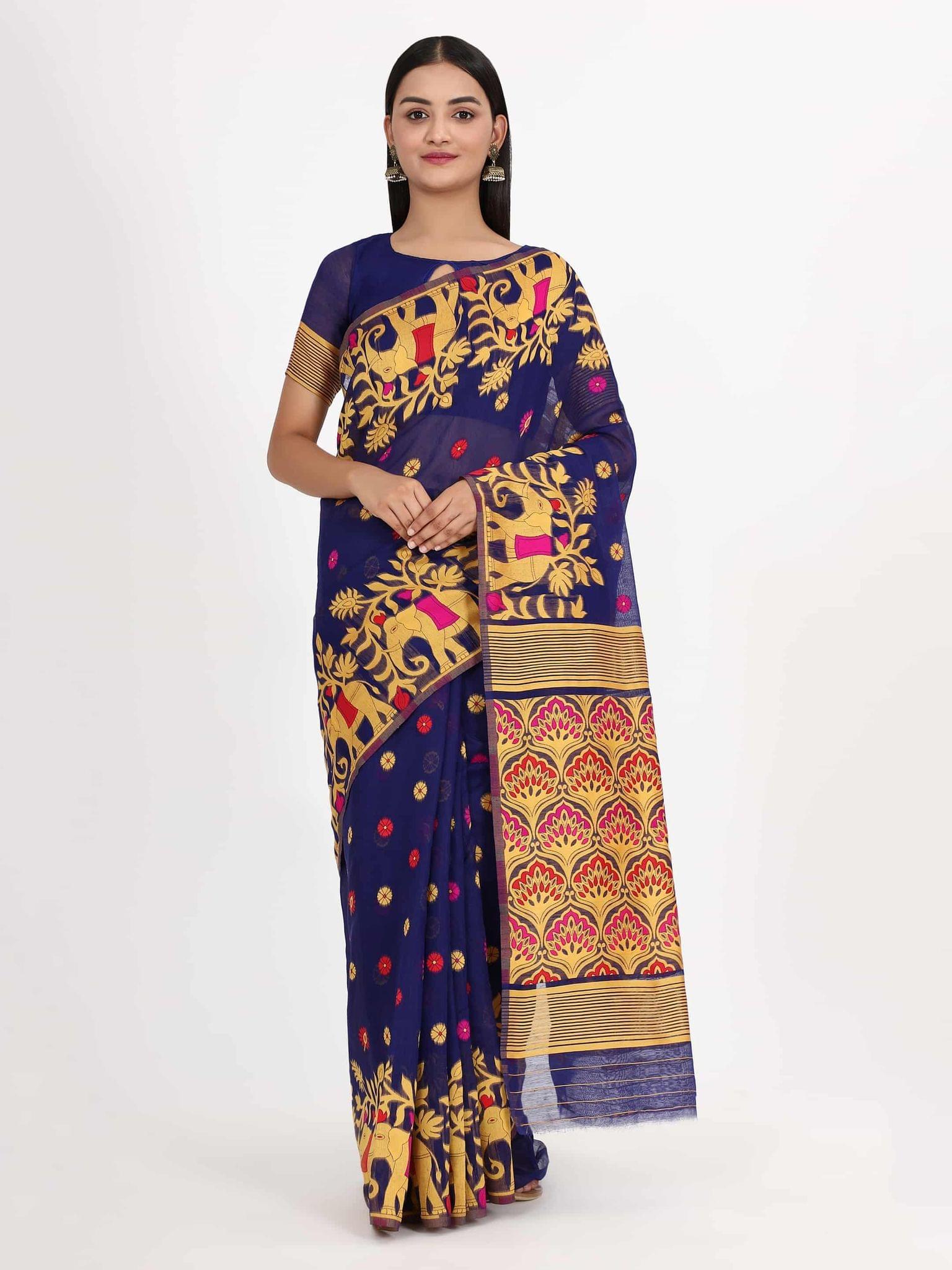 Women's Pure Cotton Woven Jamdani Navy Blue Saree