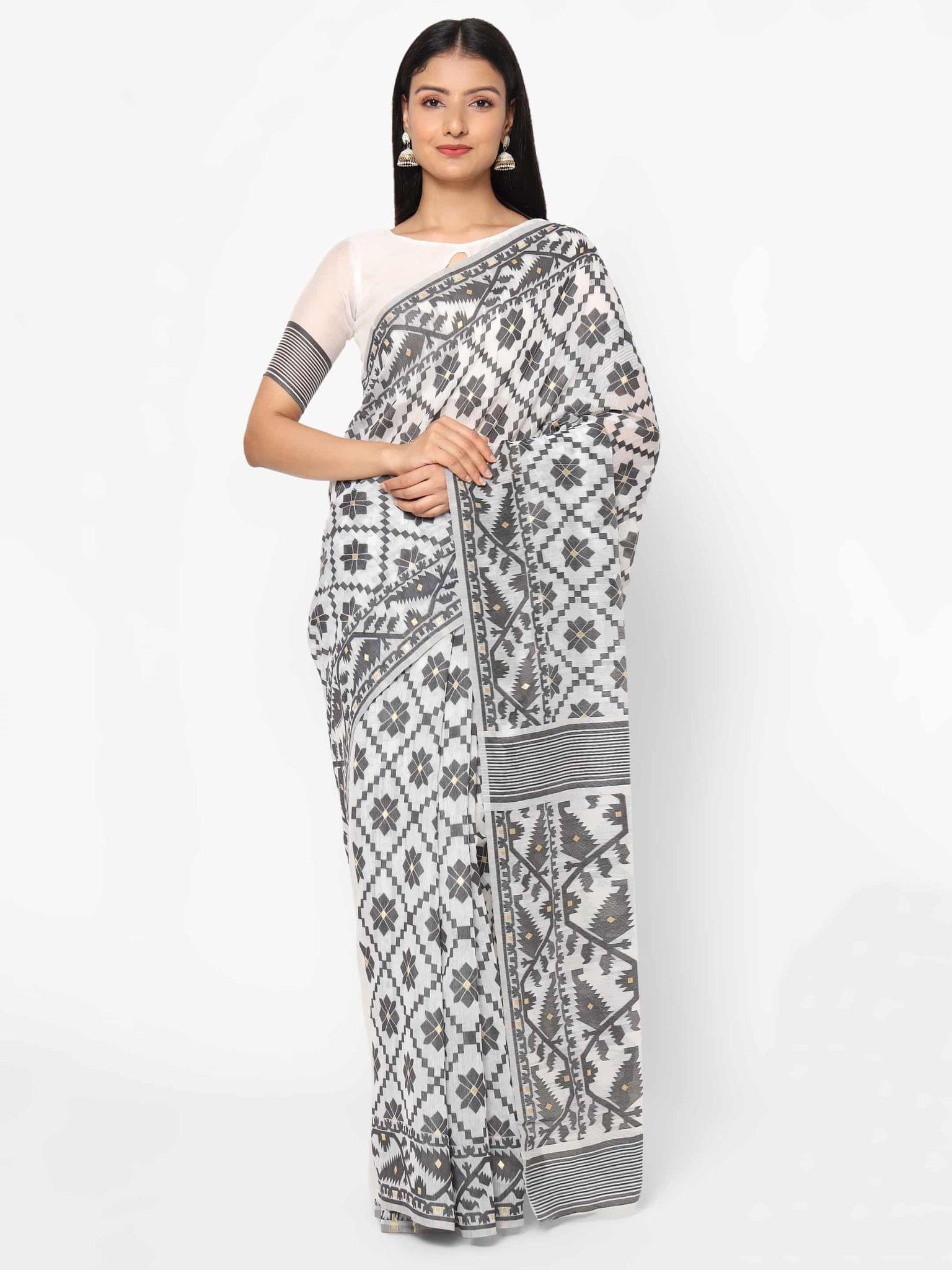 Women's Pure Cotton Woven Jamdani Grey Saree