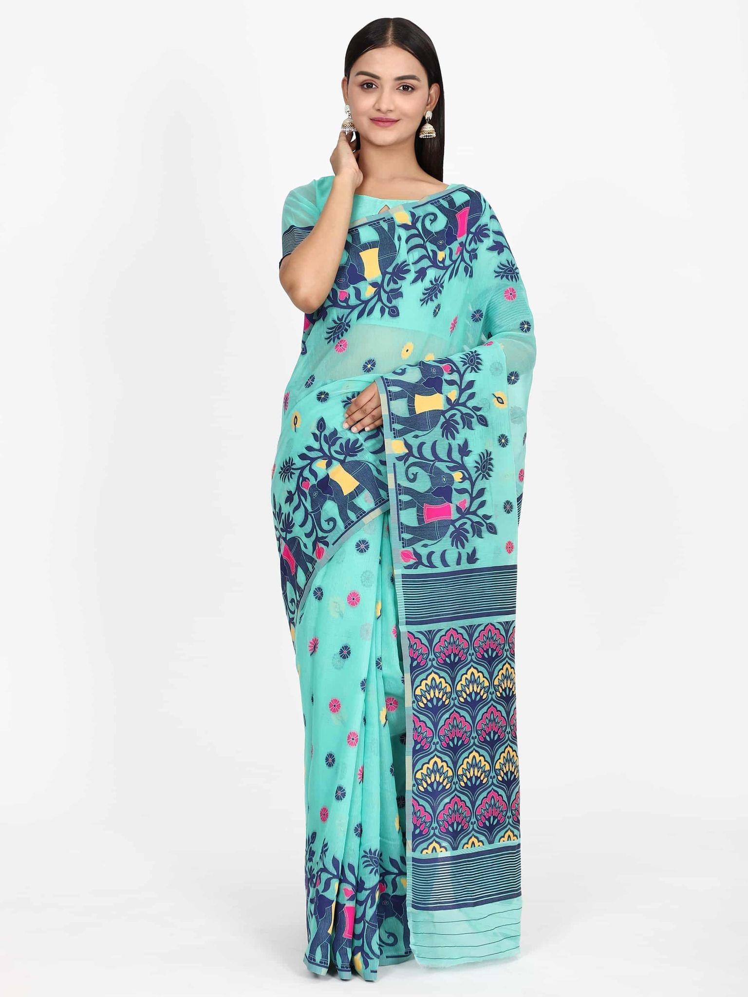 Women's Pure Cotton Woven Jamdani Blue Saree