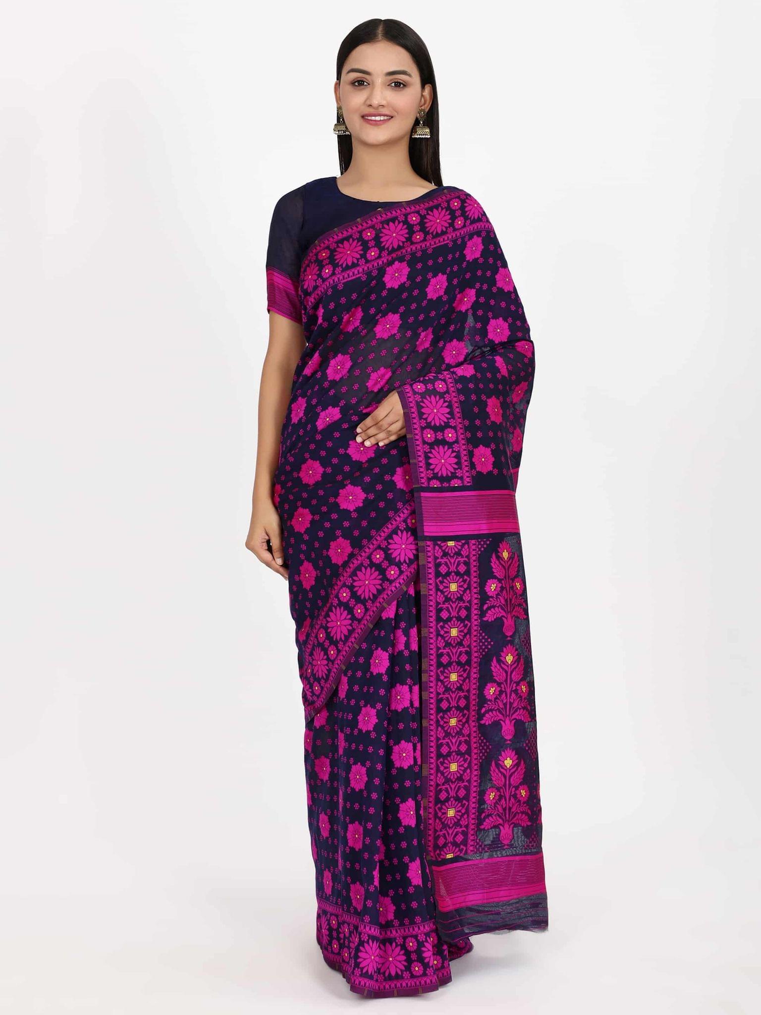 Women's Pure Cotton Woven Jamdani Purple Saree