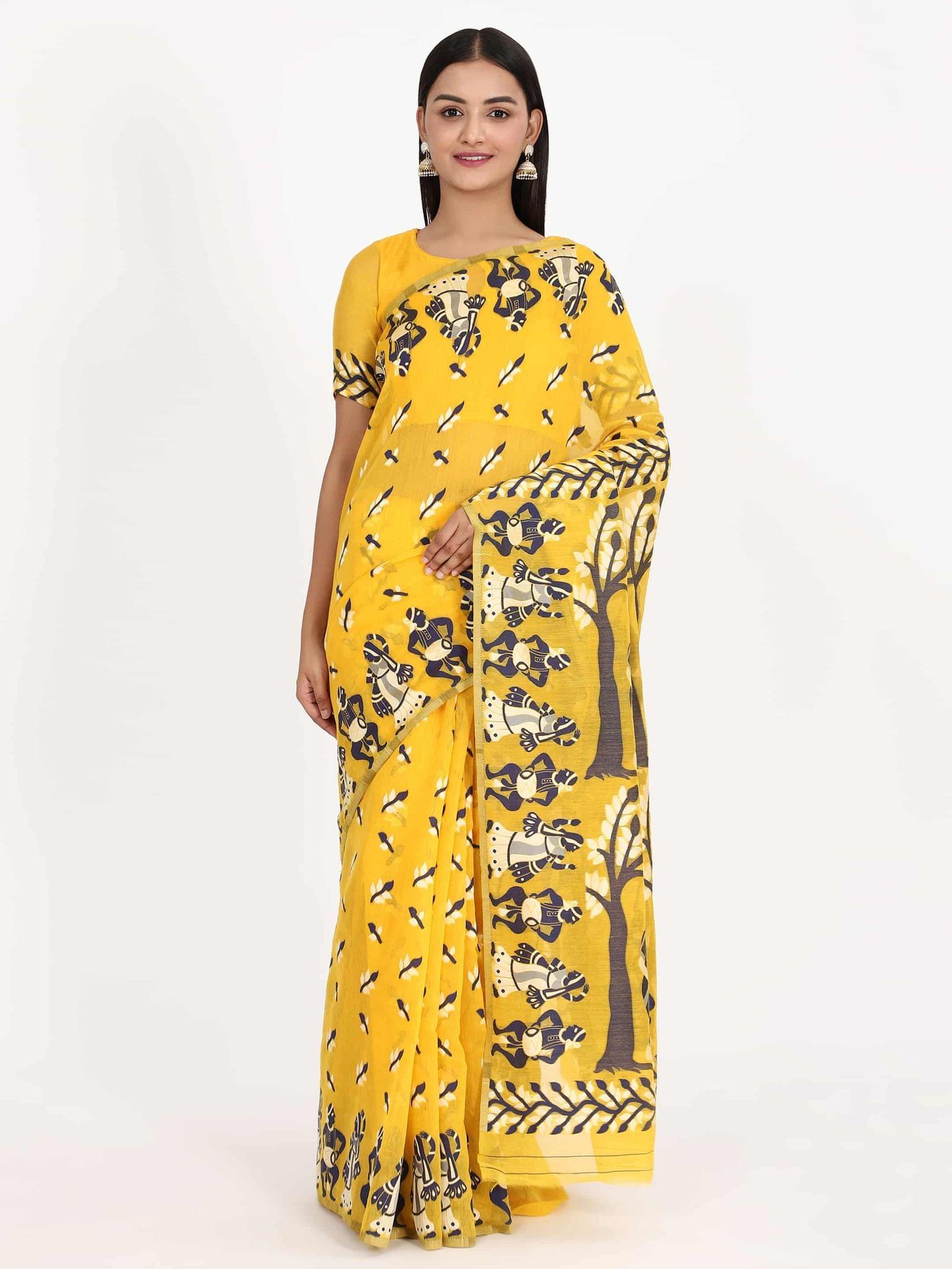 Women's Pure Cotton Woven Jamdani Yellow Saree