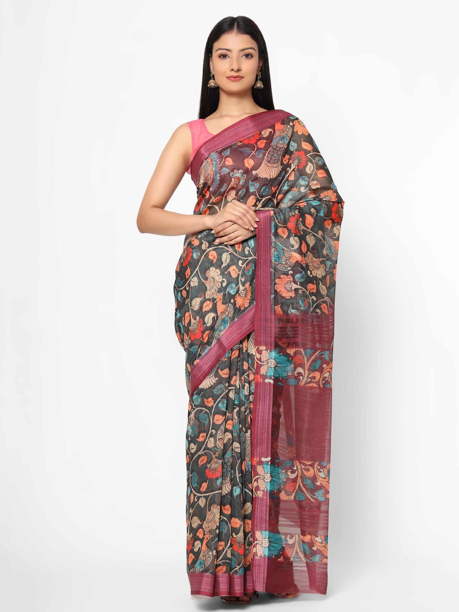 Women's Linen Floral Print Multicolor Saree