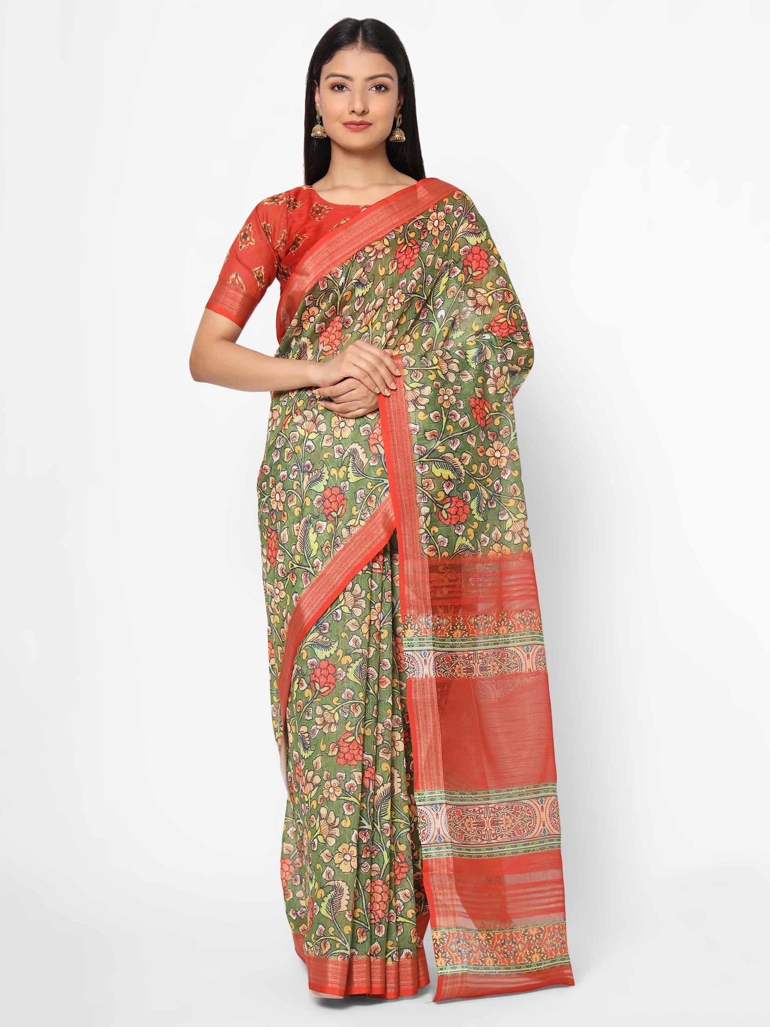 Women's Linen Floral Print Multicolor Saree