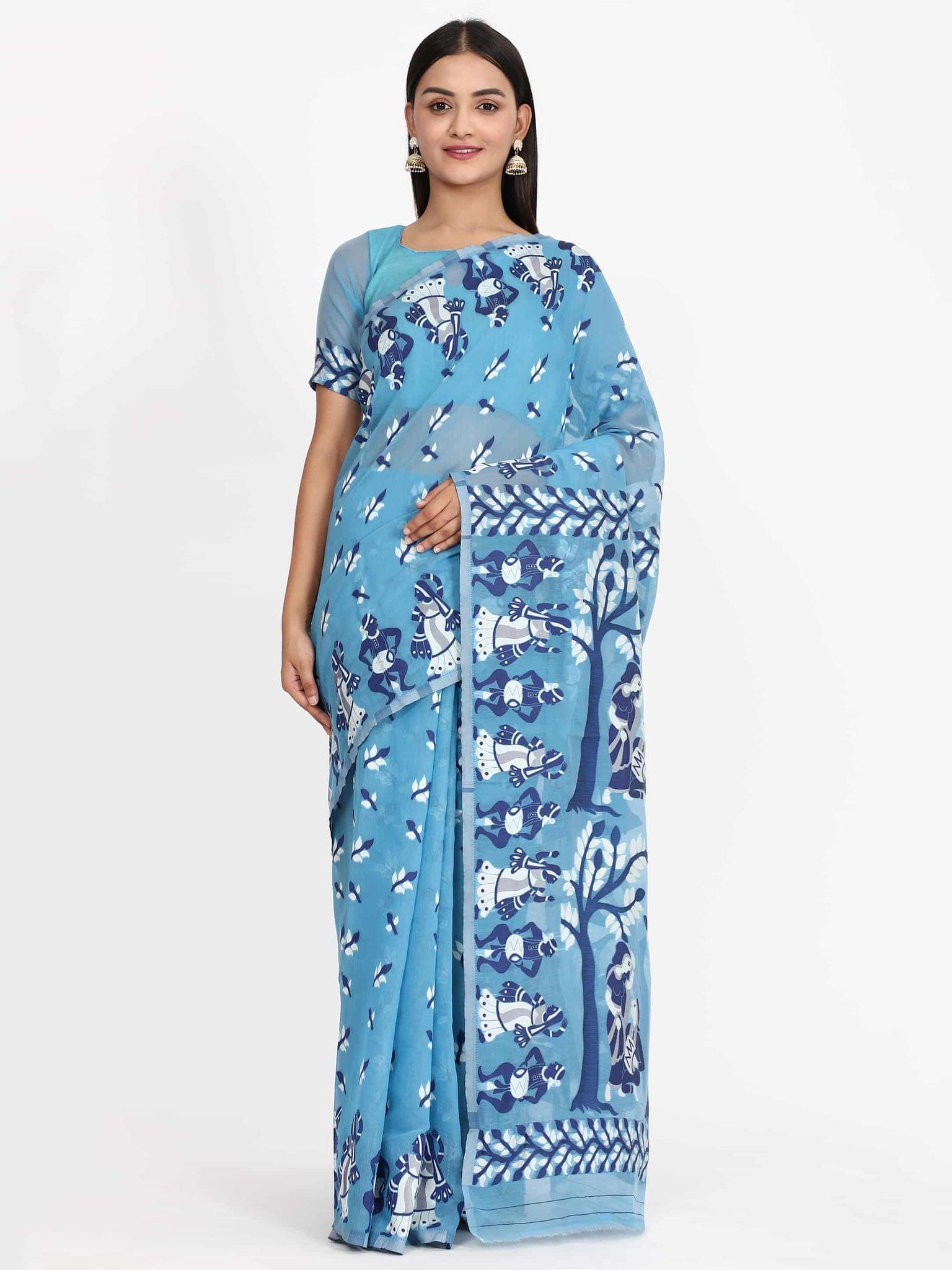 Women's Pure Cotton Woven Jamdani Blue Saree