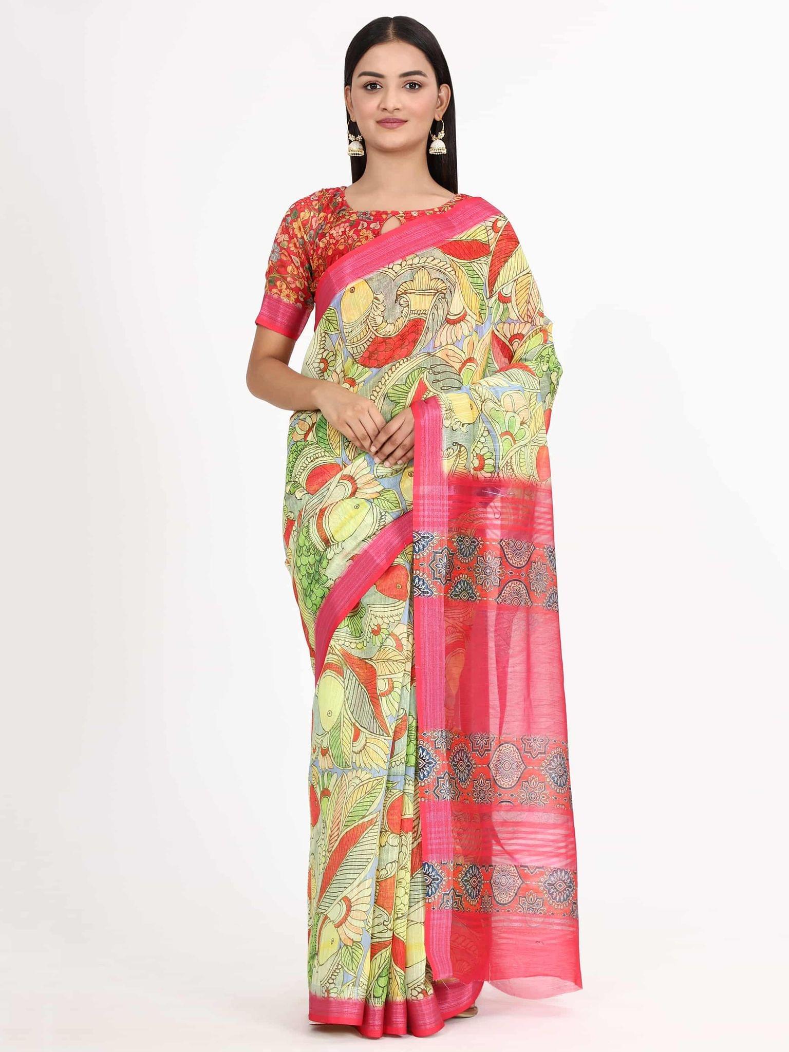 Women's Linen Floral Print Multicolor Saree