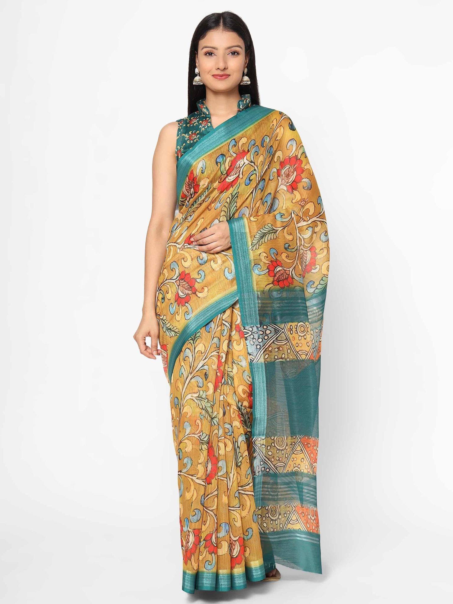 Women's Linen Floral Print Multicolor Saree