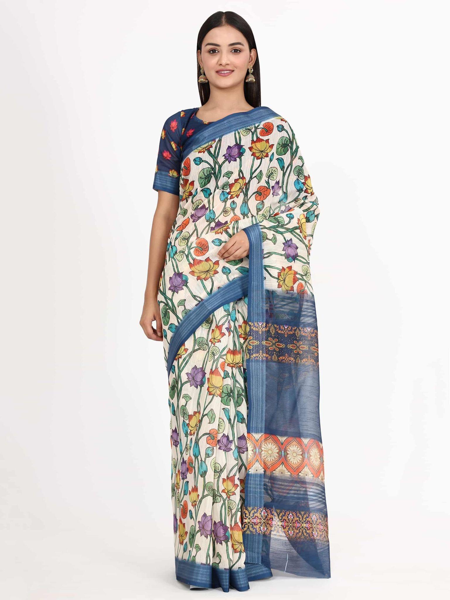 Women's Linen Floral Print Multicolor Saree