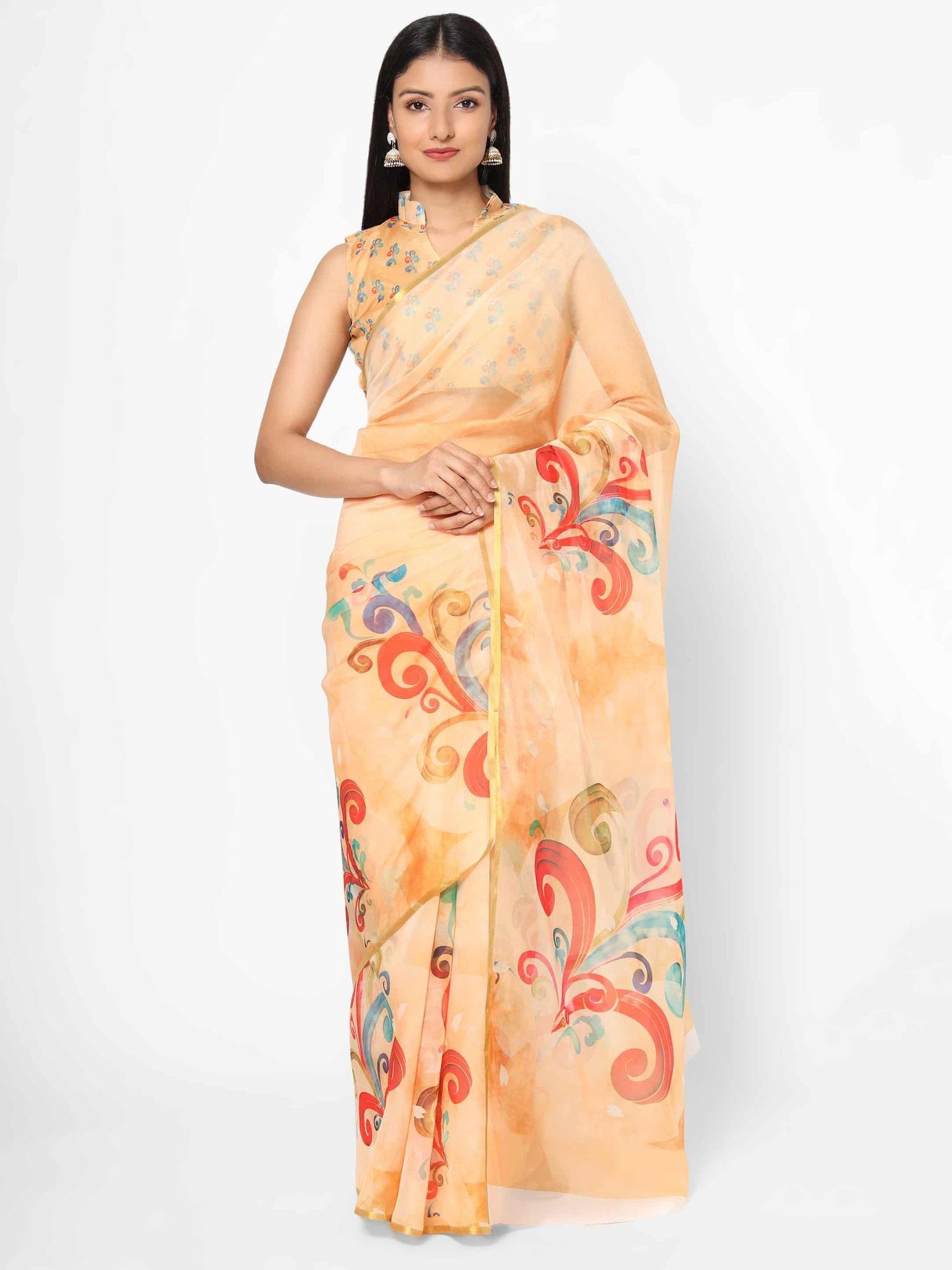 Women's Organza Floral Print Yellow Saree