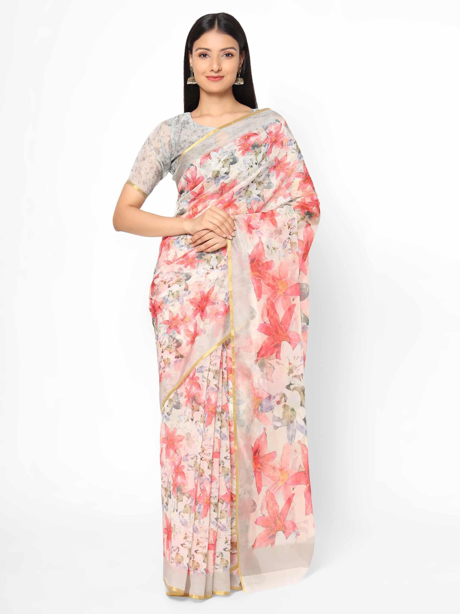 Women's Organza Floral Print Multicolor Saree