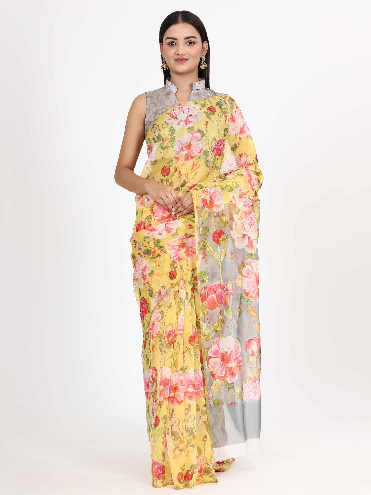 Women's Organza Floral Print Yellow Saree