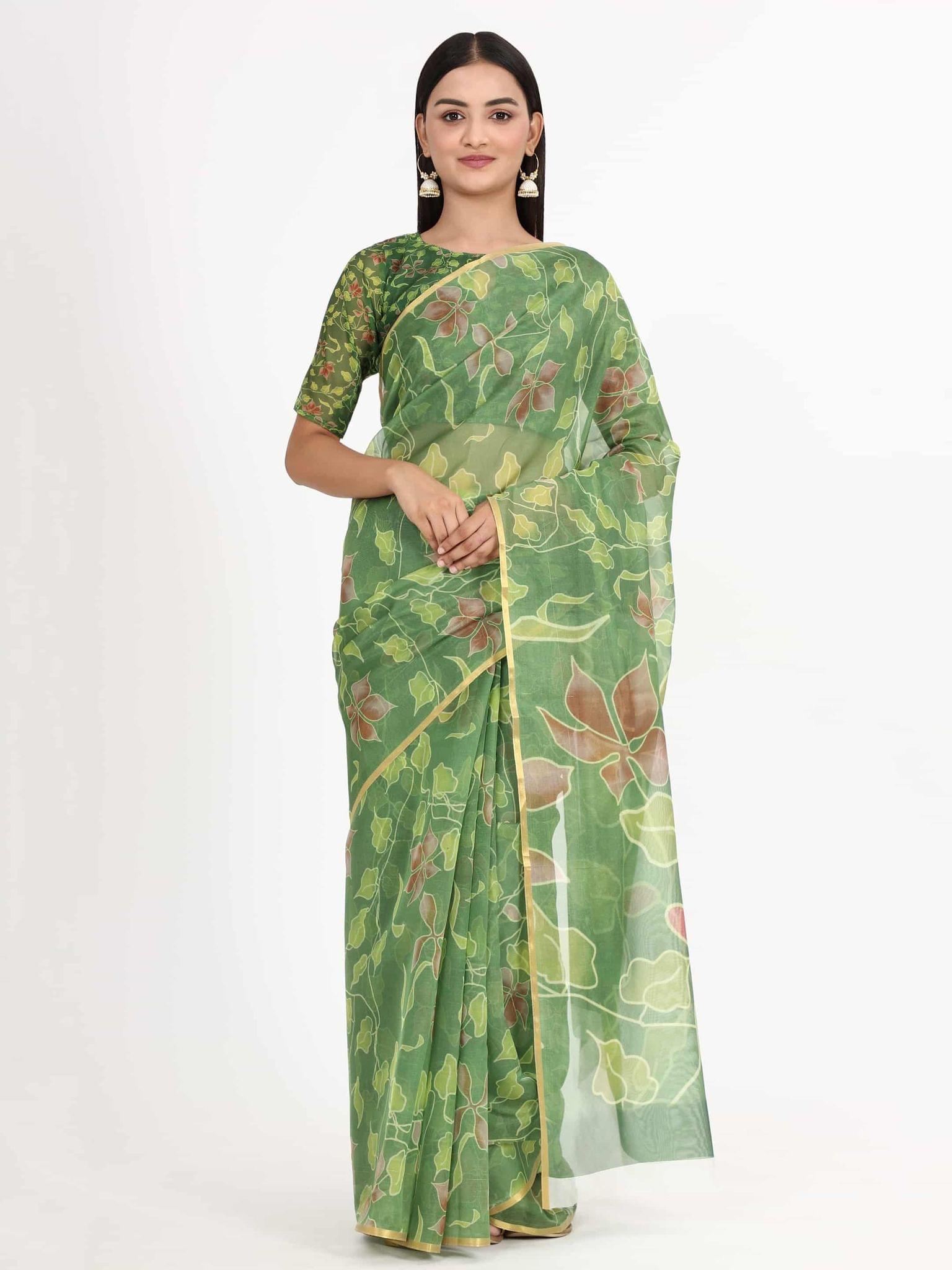 Women's Organza Floral Print Green Saree