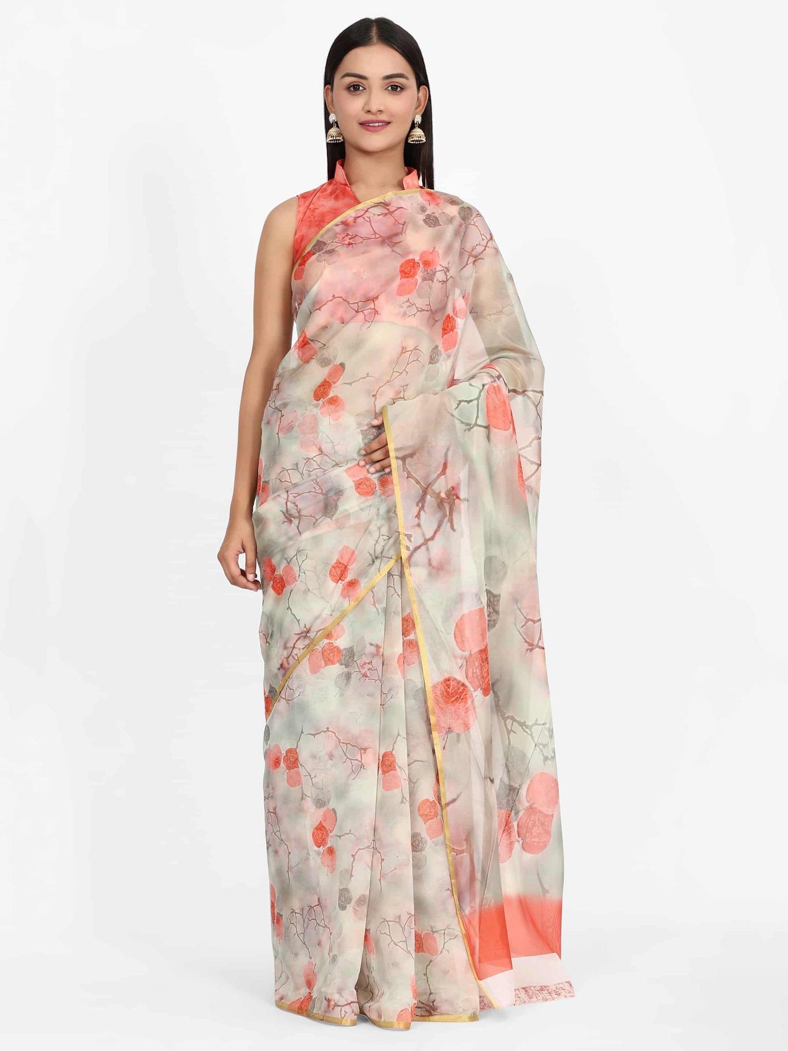 Women's Organza Floral Print Multicolor Saree