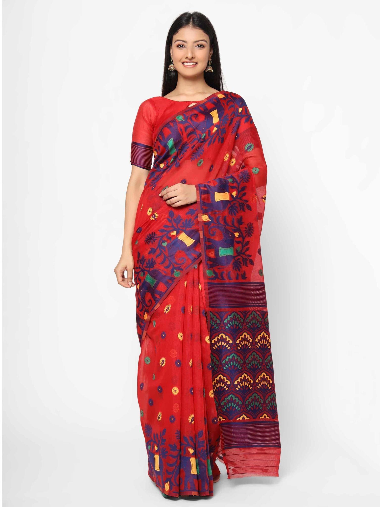 Women's Pure Cotton Woven Jamdani Red Saree