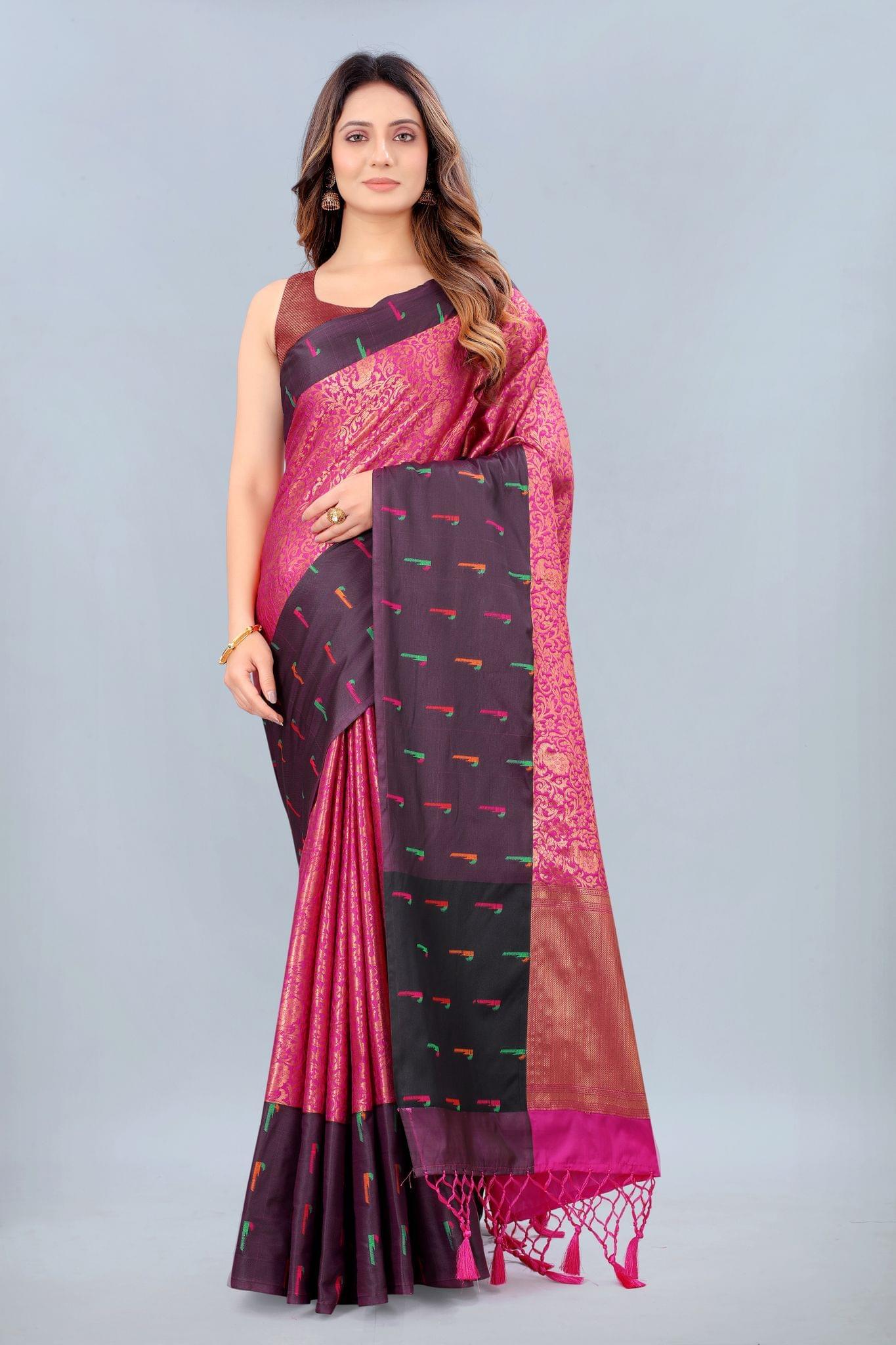 Silk Zone Women's Kanjeevaram Silk Woven Design Pink Saree