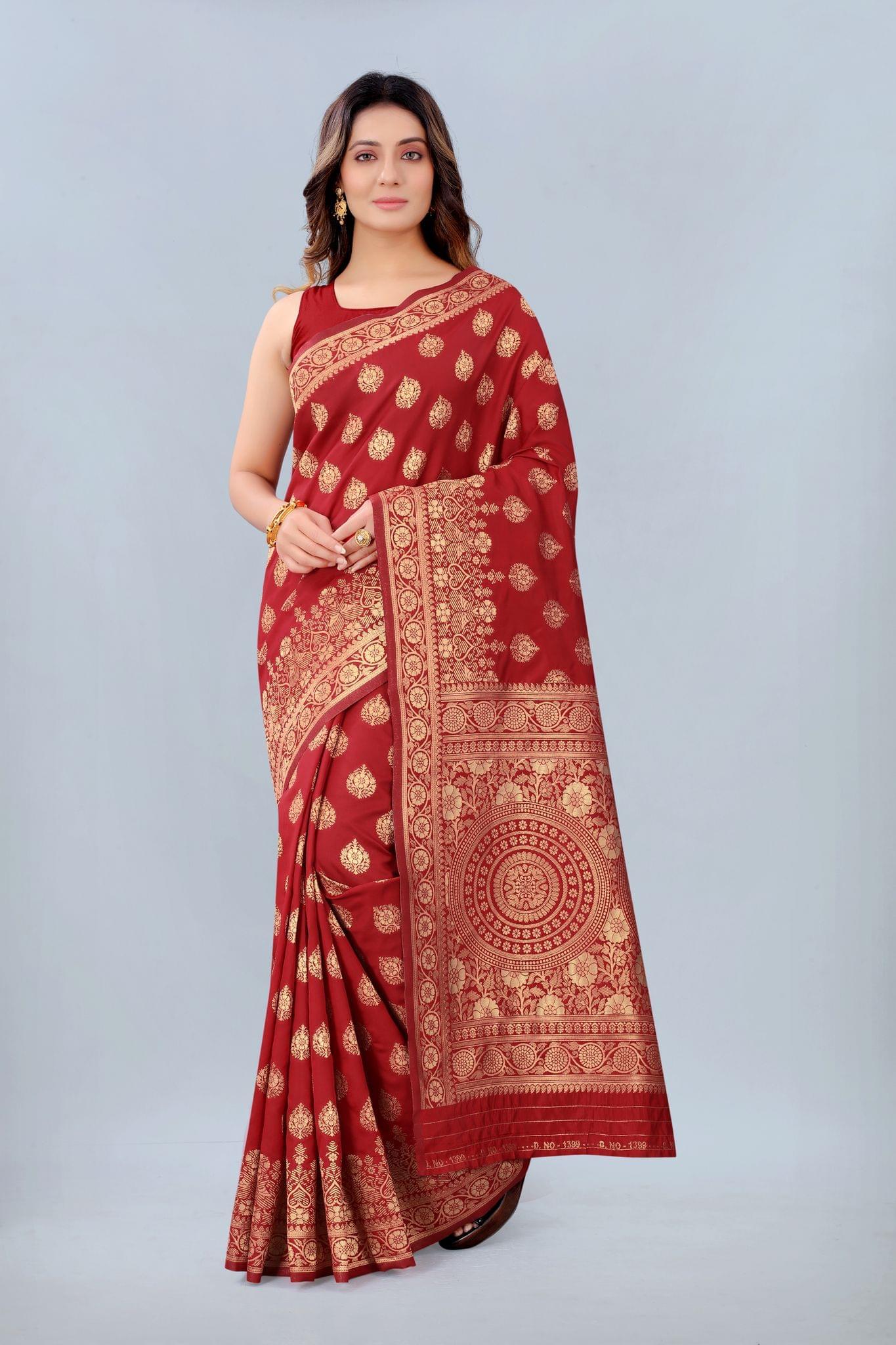 Women's Banarasi Silk Woven Red Saree with Unstitched Blouse Piece