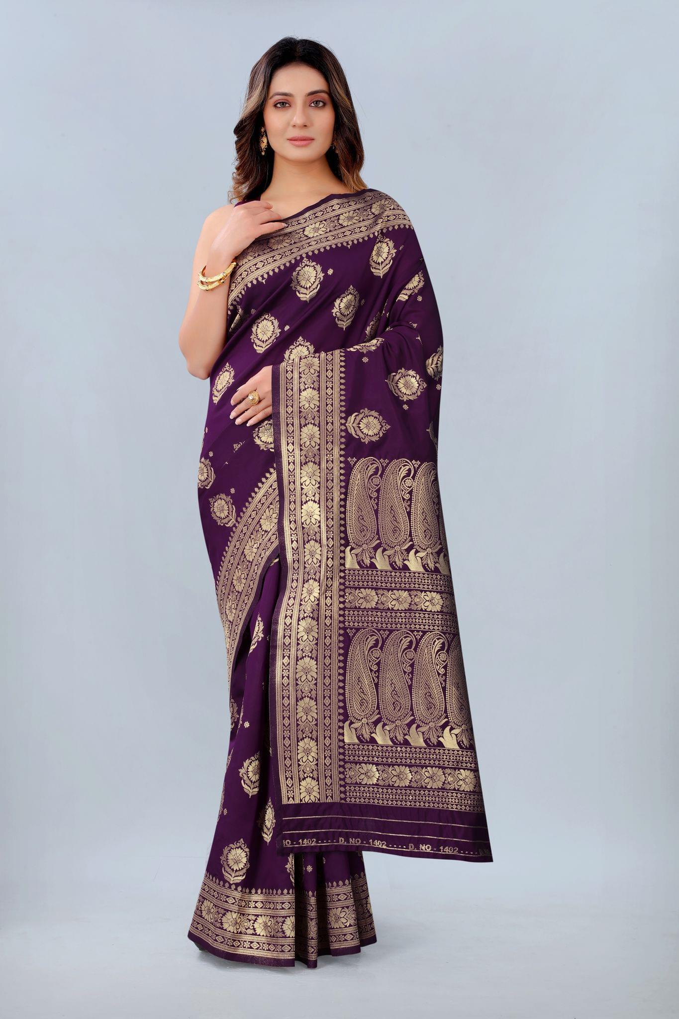 Women's Banarasi Silk Woven Wine Saree with Unstitched Blouse Piece