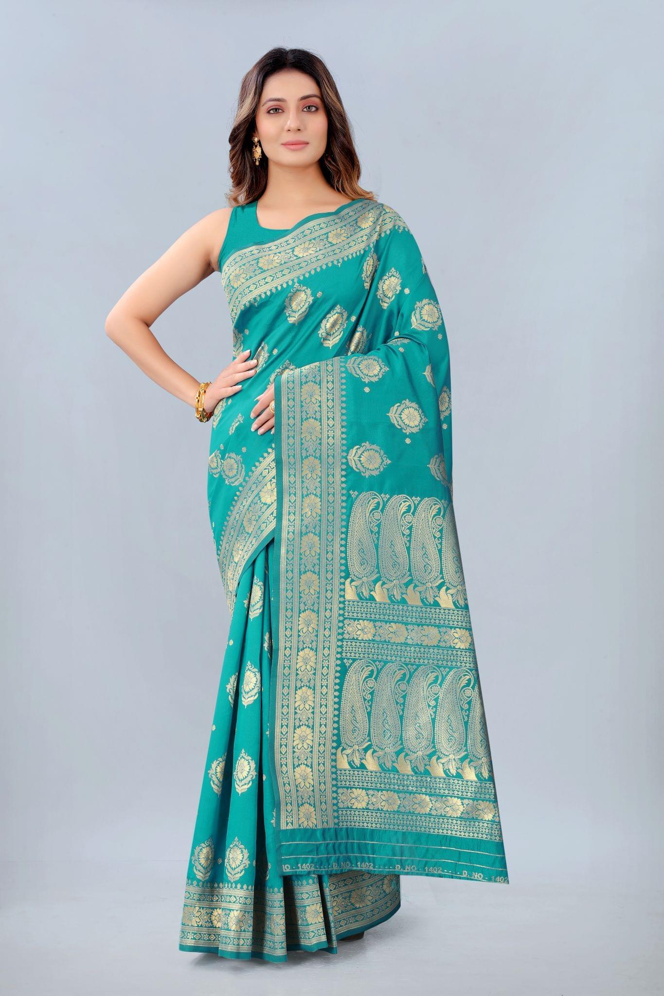 Women's Banarasi Silk Woven Rama Saree with Unstitched Blouse Piece