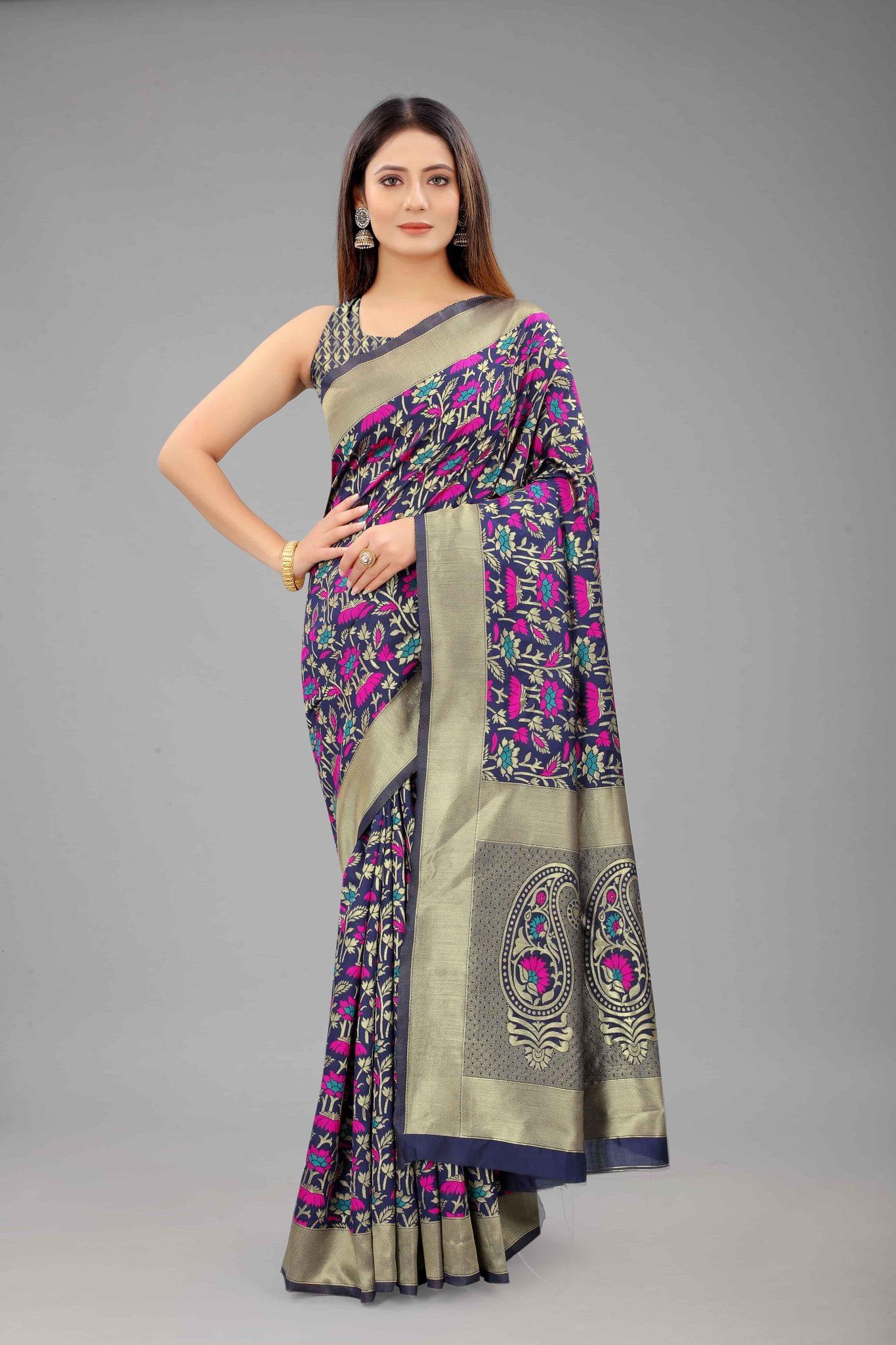 Women's Banarasi Silk Woven Design Navy Blue Saree