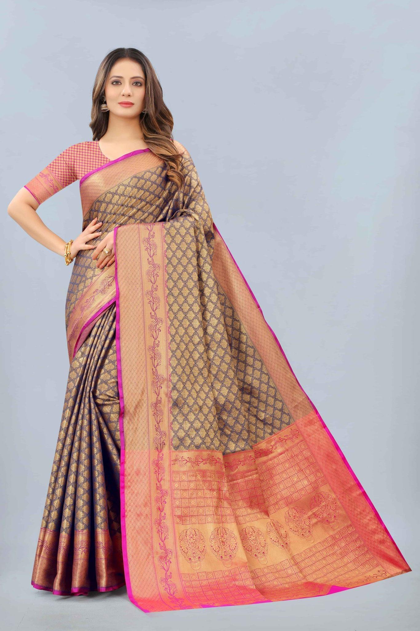 Women's Kanjeewaram Silk Woven Navy Blue Saree
