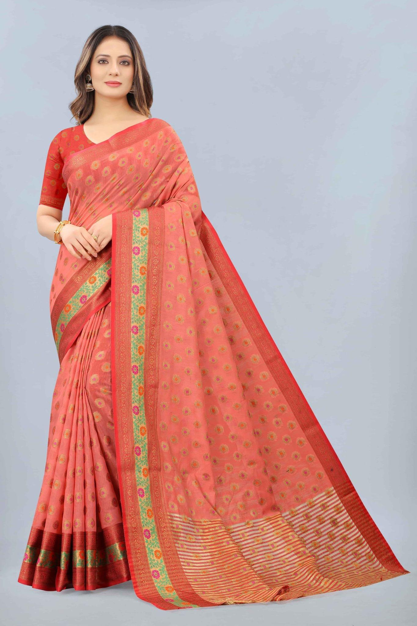Women's Cotton Woven Peach Saree