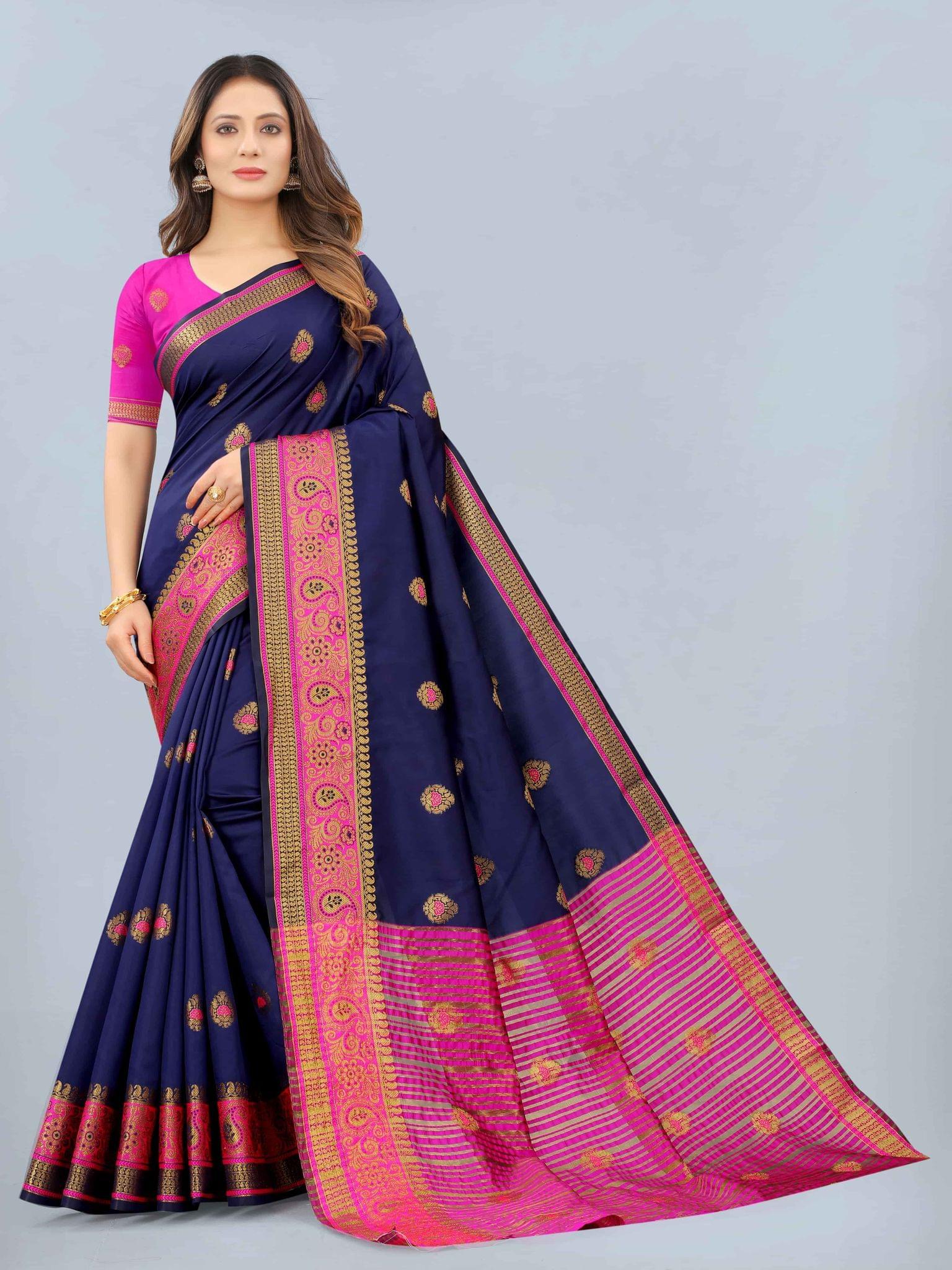 Women's Cotton Woven Navy blue Saree