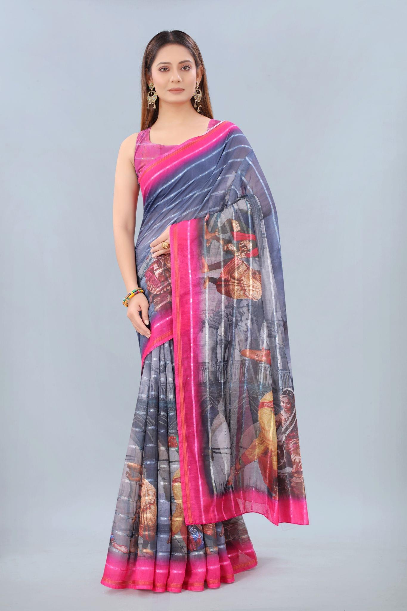 Silk Zone Women's Cotton Digital Print Zari Sequin Woven Black Saree