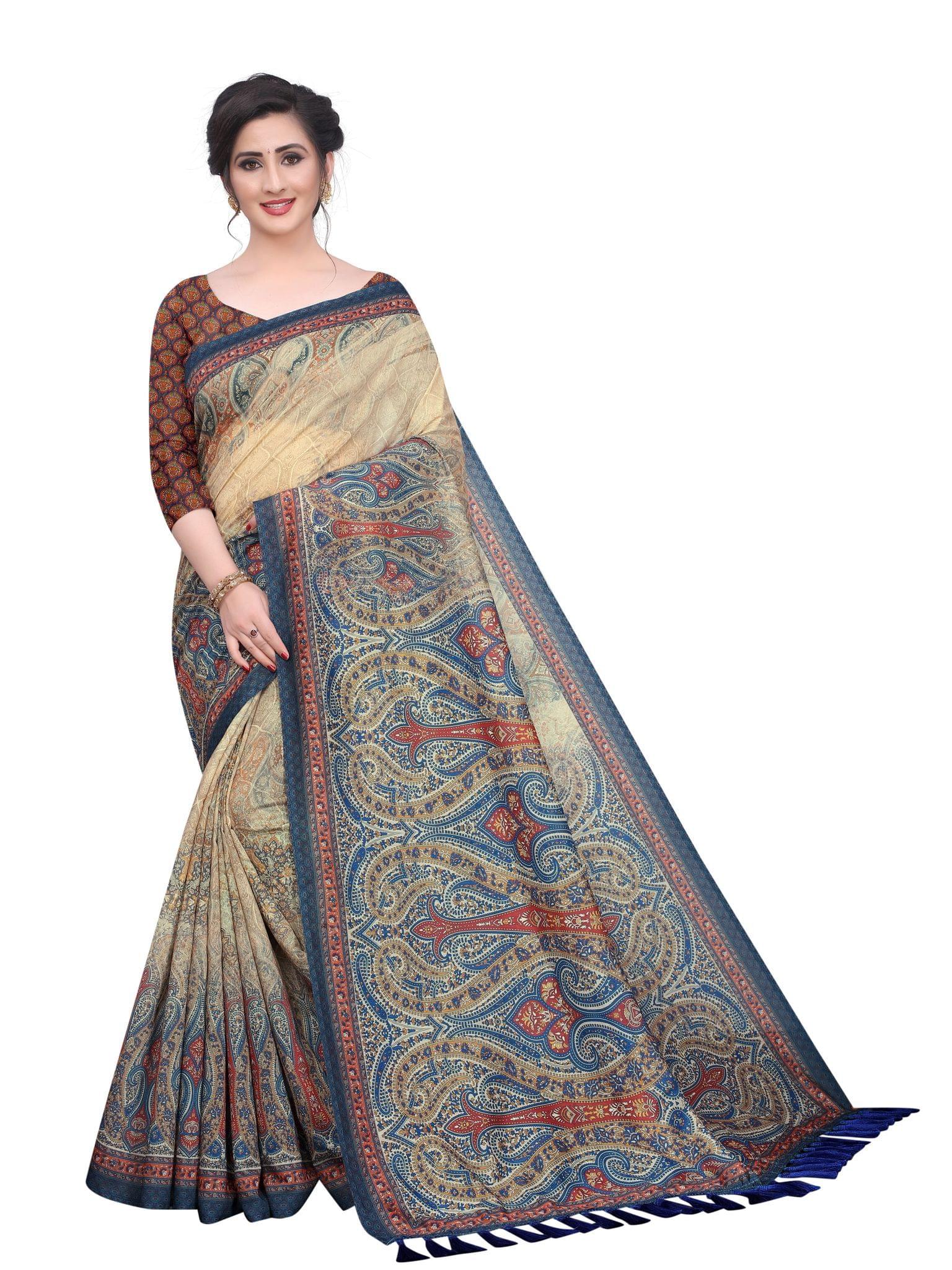 Silk Zone Women's Cotton Blend Digital Printed Multicolor Saree With Unstitched Blouse Piece