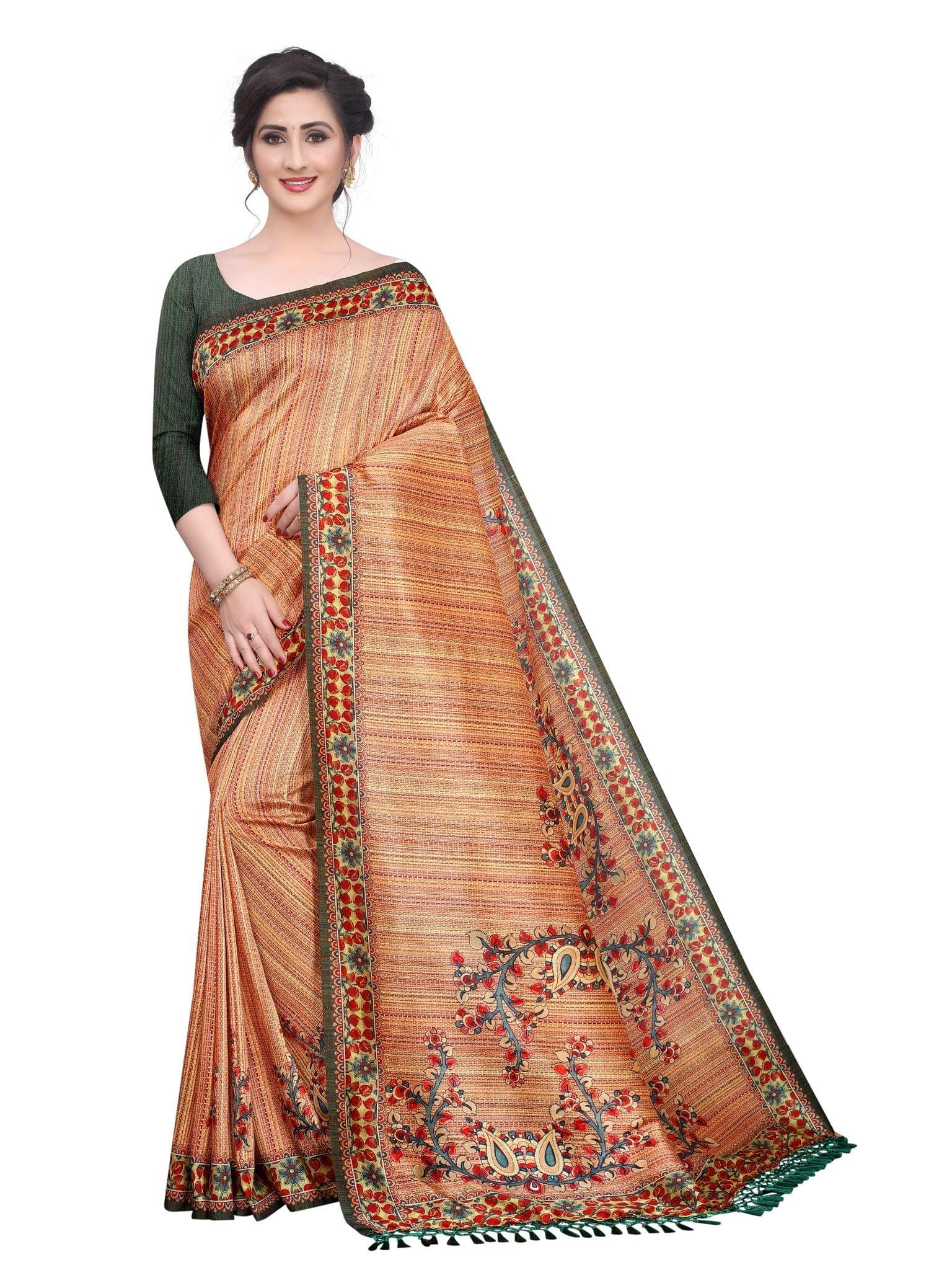 Silk Zone Women's Cotton Blend Digital Printed Beige Saree With Unstitche Blouse Piece