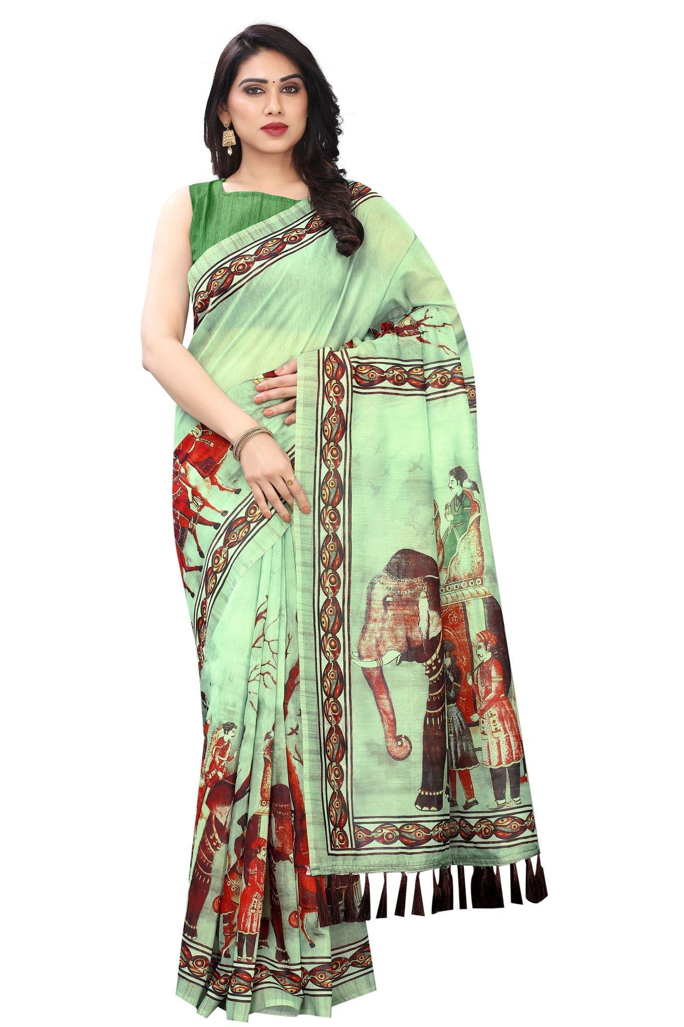 Silk Zone Women's Ajrakh Kalamkari Cotton Digital Printed Tassel Saree with Blouse Piece