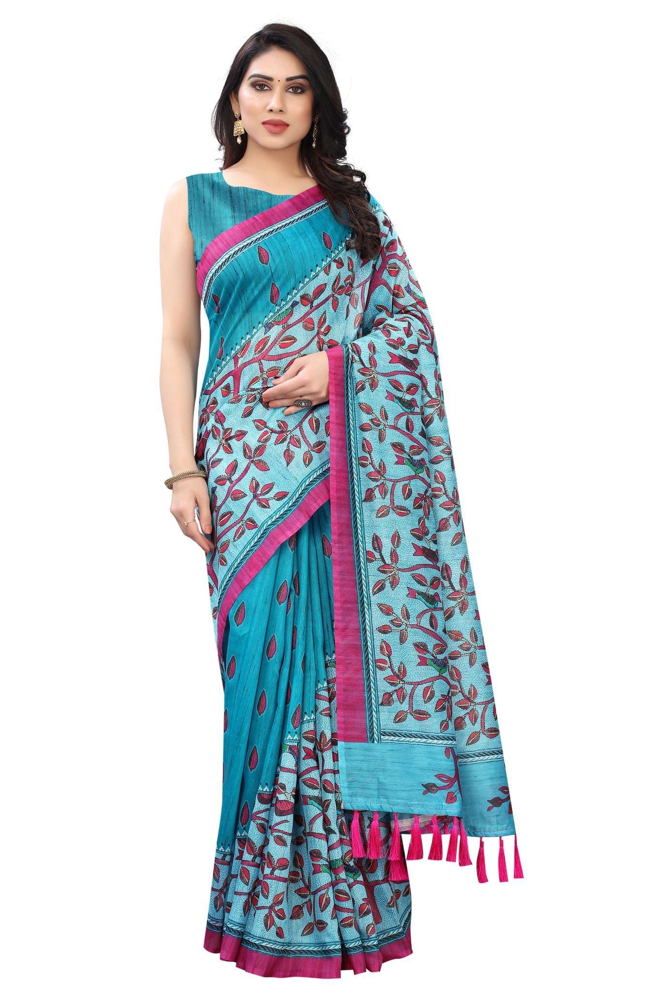 Silk Zone Women's Ajrakh Kalamkari Cotton Digital Printed Tassel Saree with Blouse Piece