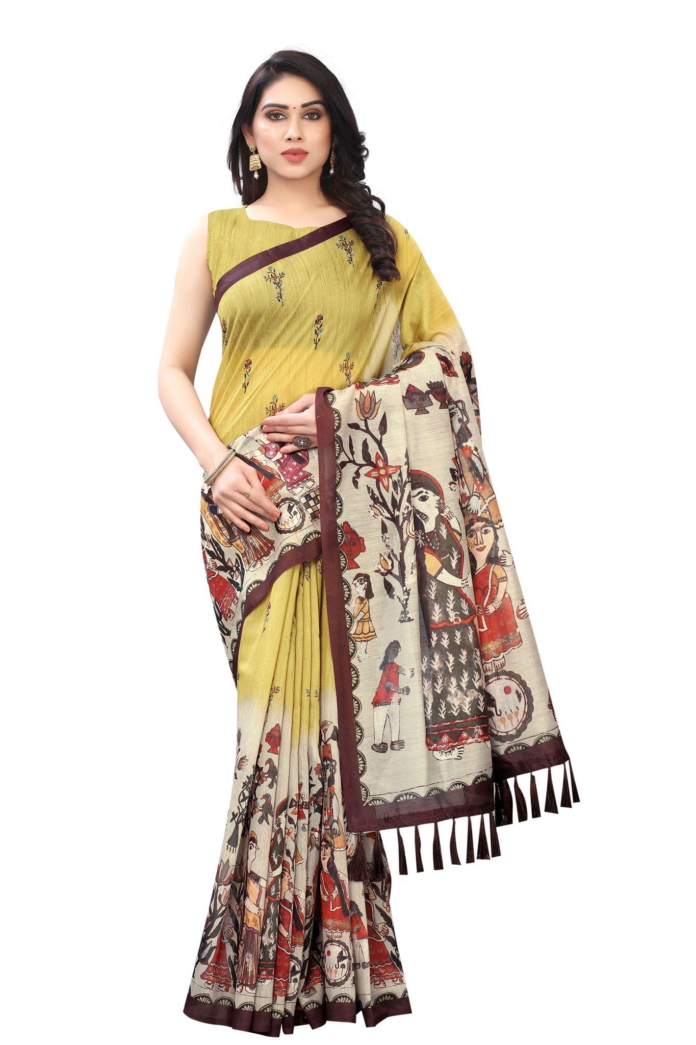 Silk Zone Women's Ajrakh Kalamkari Cotton Digital Printed Tassel Saree with Blouse Piece