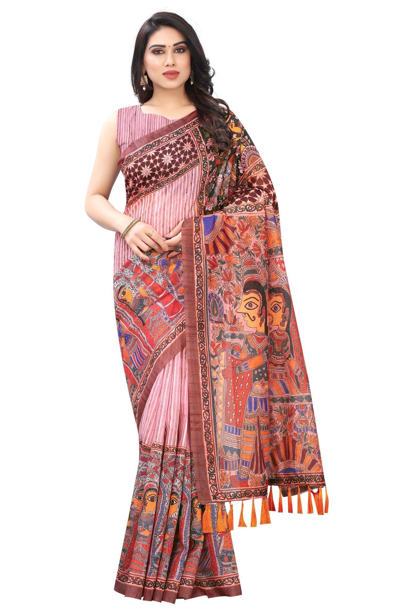 Silk Zone Women's Ajrakh Kalamkari Chanderi Cotton Digital Printed Tassel Saree with Blouse Piece