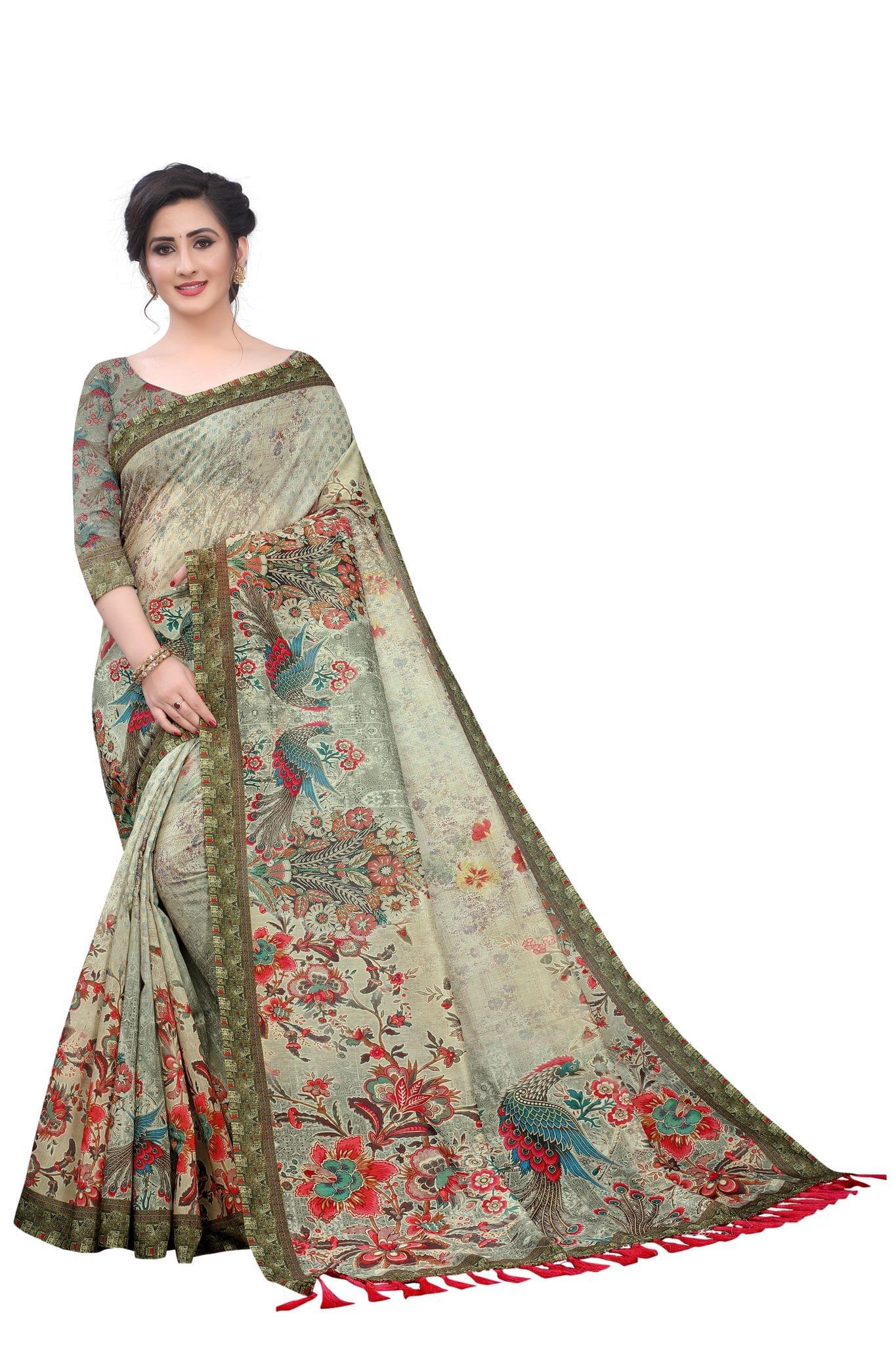 Silk Zone Women's Cotton Blend Kalamkari Digital Printed Tassel Saree with Blouse Piece