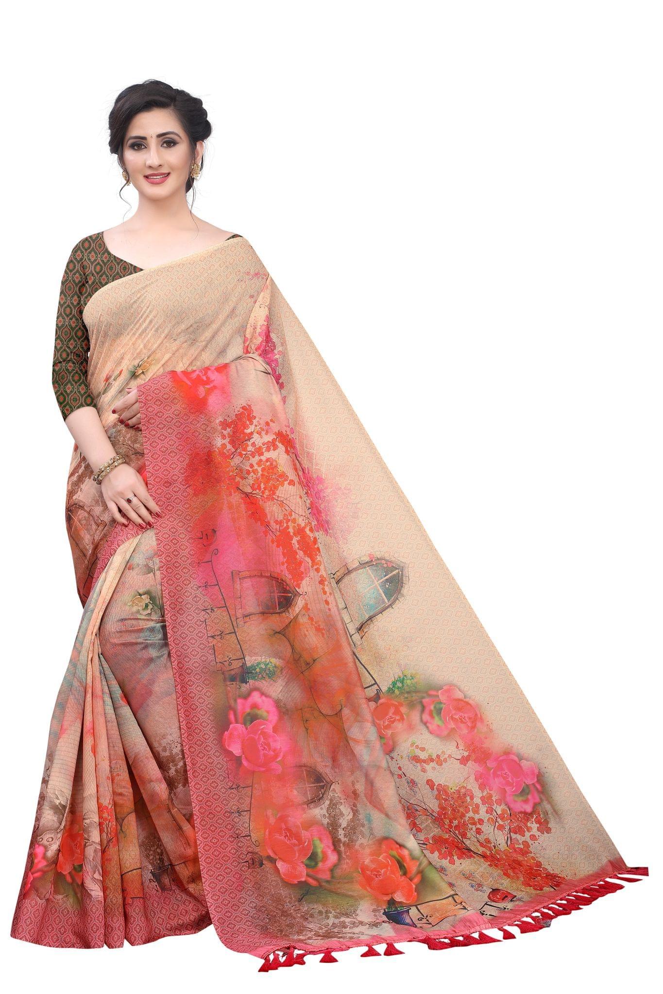 Silk Zone Women's Cotton Blend Kalamkari Digital Printed Tassel Saree with Blouse Piece