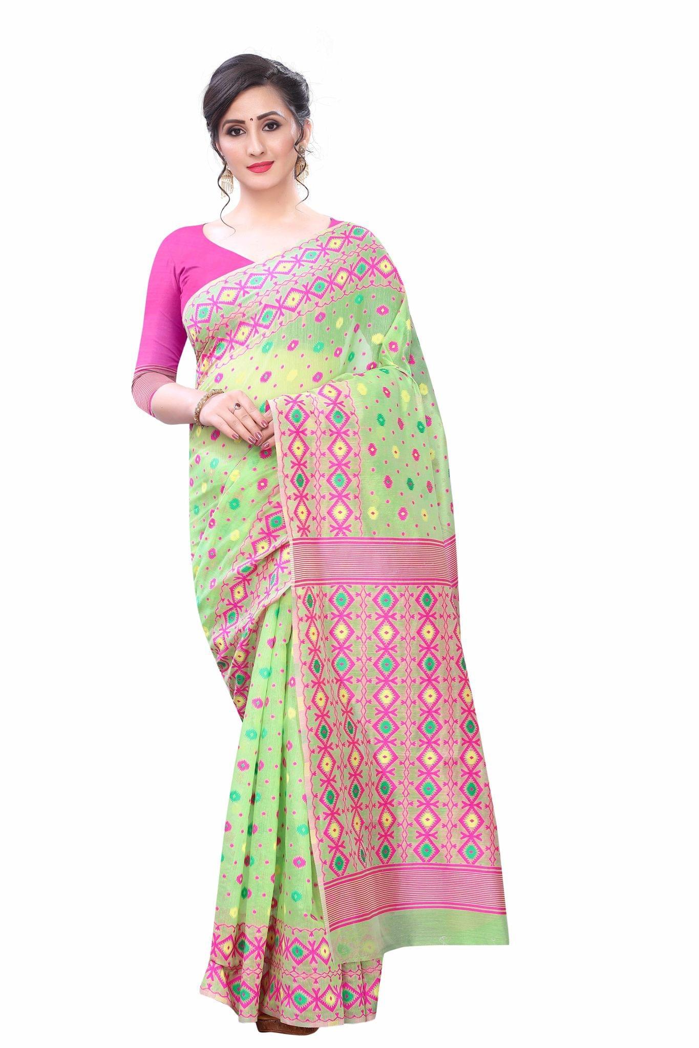 Silk Zone Women's Jamdani Cotton Blend Woven Saree with Blouse Piece