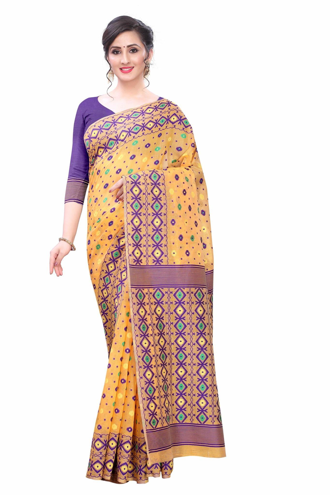 Silk Zone Women's Jamdani Cotton Blend Woven Saree