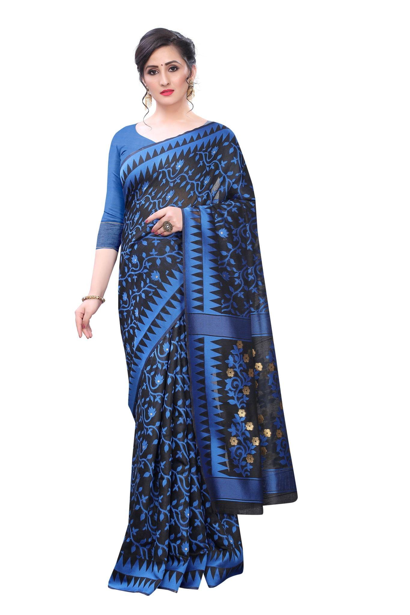 Silk Zone Women's Cotton Blend Jamdani Woven Saree with Blouse Piece