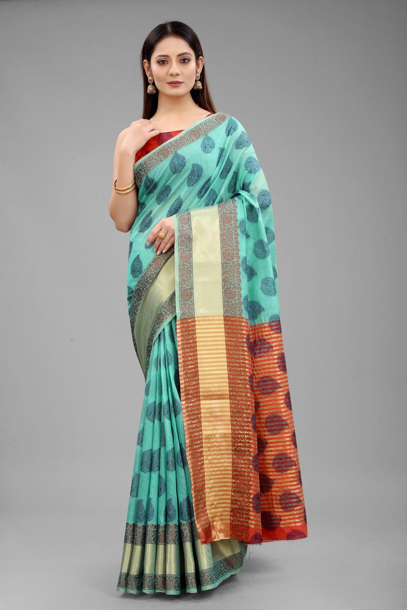 Silk Zone Women's Cotton Woven  Saree With Unstiched Blouse Piece