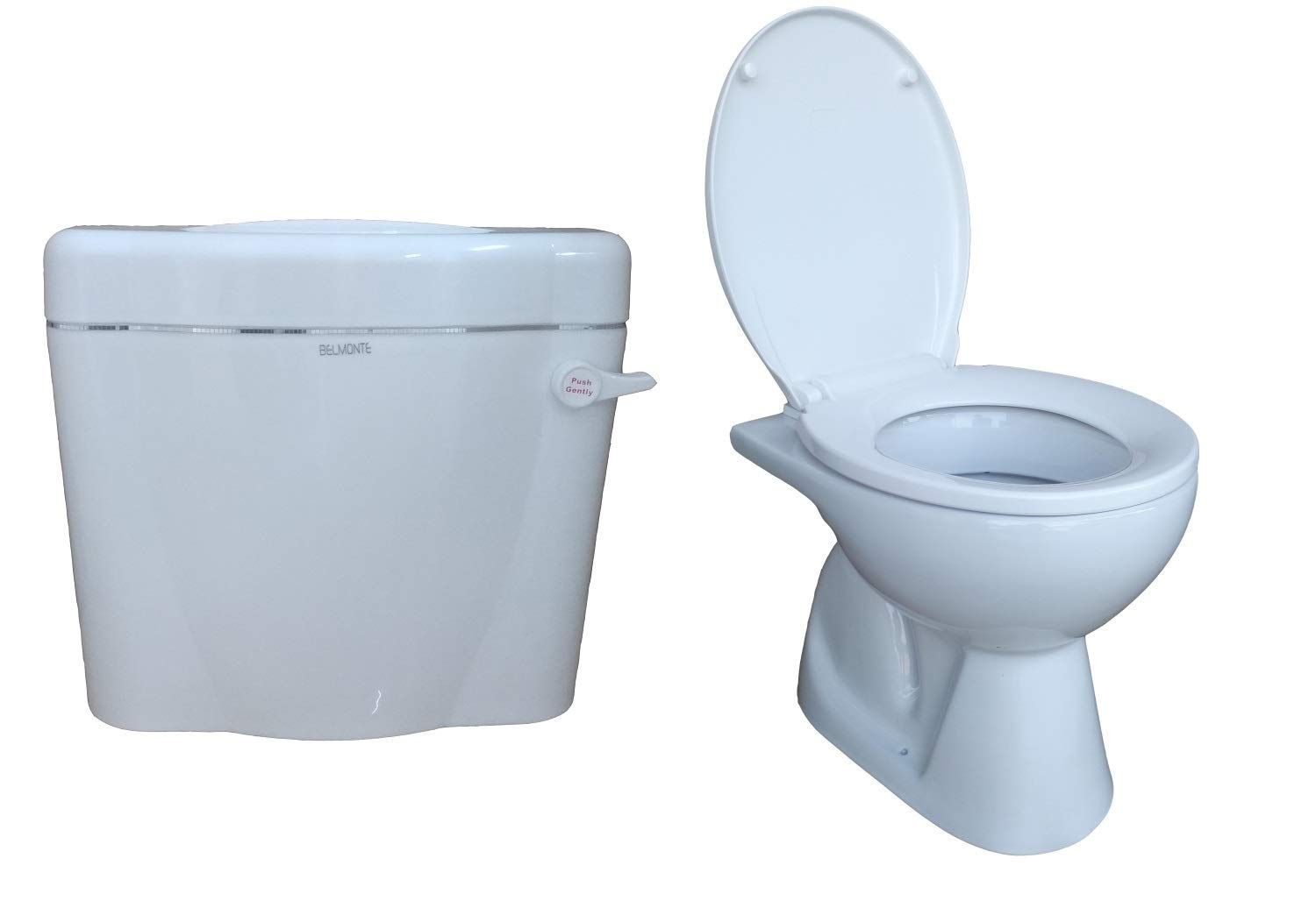 Belmonte Ceramic Floor Mounted Two-Piece Western Toilet/Commode/EWC Cansil S Trap with Slow Motion/Soft Close Seat Cover and Plastic Flush Tank Set