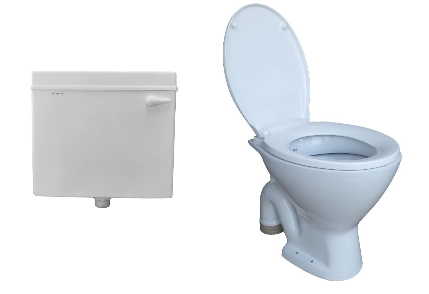 Belmonte Ceramic Floor Mounted Two-Piece Western Toilet/Commode/EWC S Trap with Slow Motion/Soft Close Seat Cover and Plastic Flush Tank Set